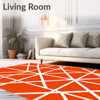 Bold White Geometric Lines on Orange Rug