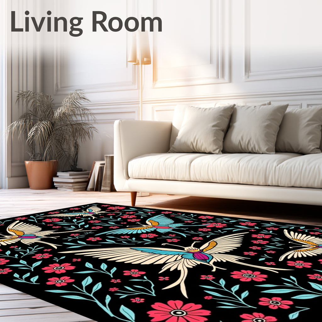 Whimsical Floral Bird Bloom Design Rug