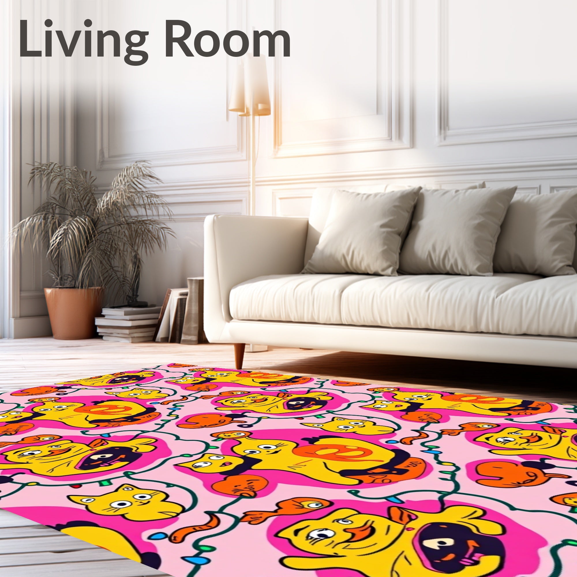 Whimsical Yellow Character And Cat Print Rug