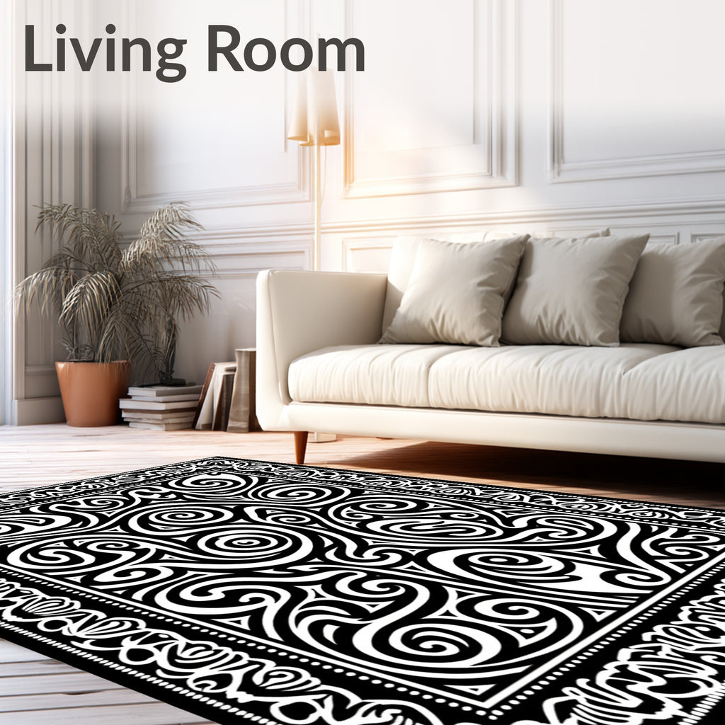 Ornate Scrollwork Black and White Design Rug