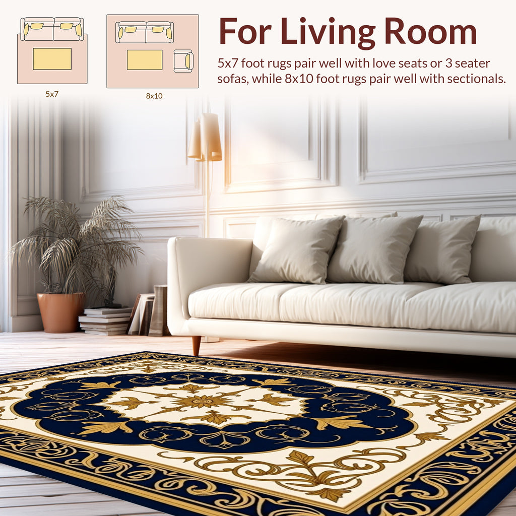 Ornate Navy Gold Floral Scroll Rug