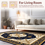 Ornate Navy Gold Floral Scroll Rug