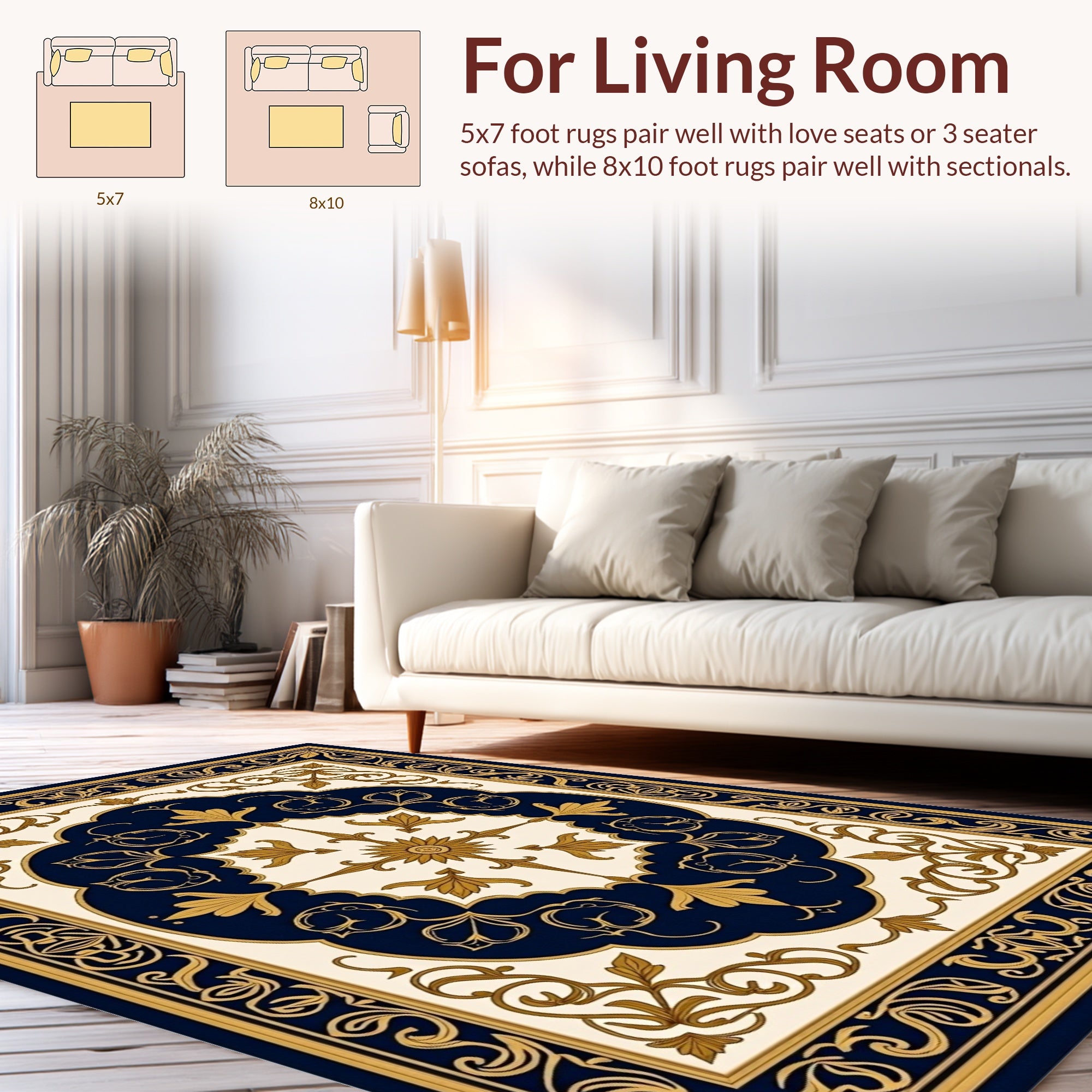 Ornate Navy Gold Floral Scroll Rug