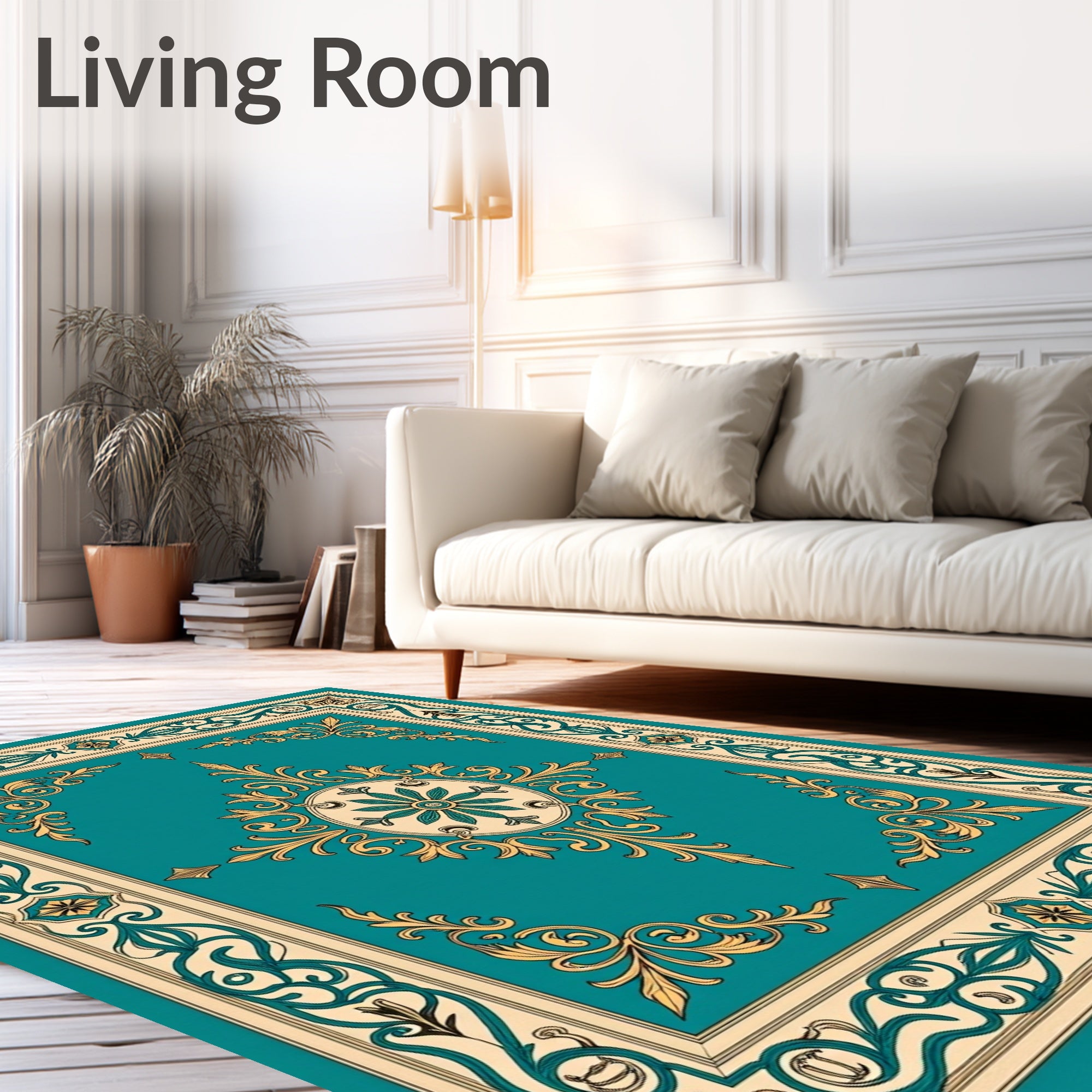 Ornate Teal Gold Scrollwork Pattern Rug