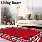 Red Nordic Tree And Snowflake Border Rug