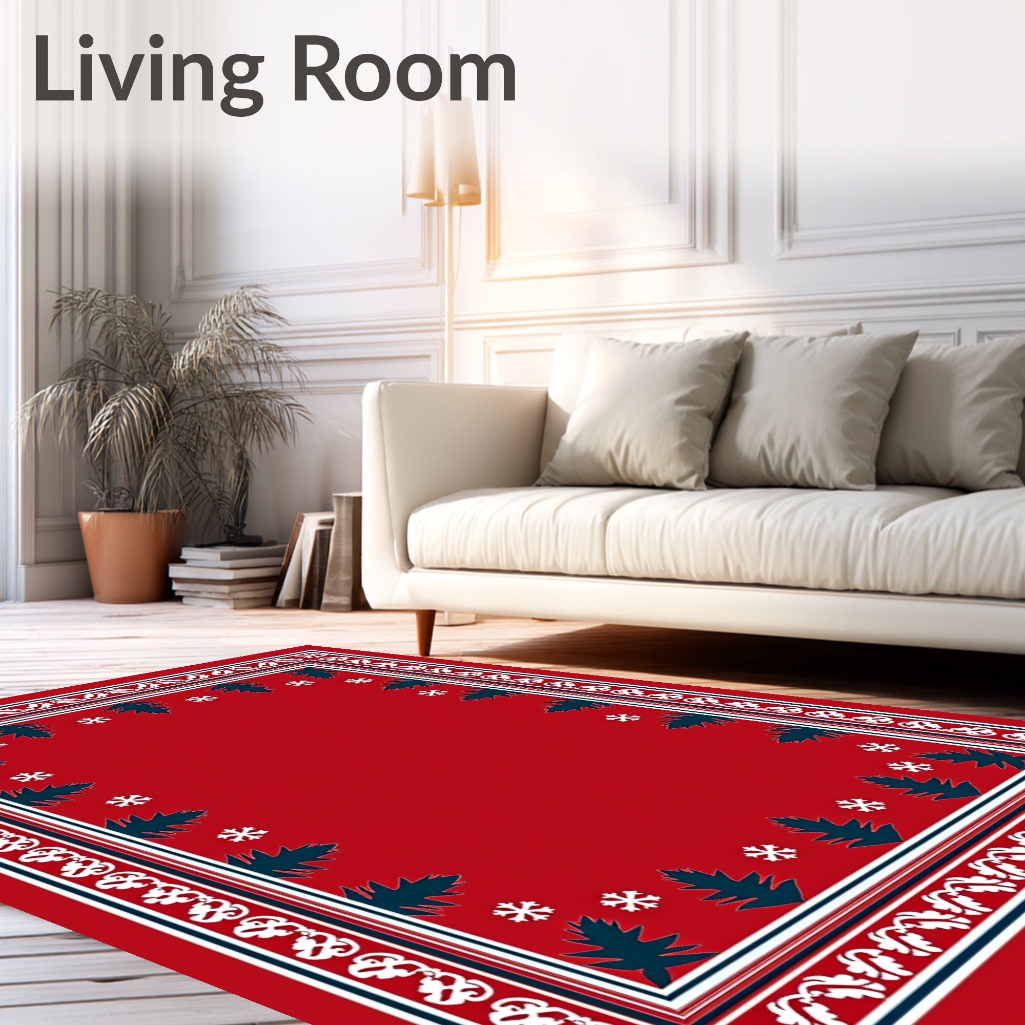 Red Nordic Tree And Snowflake Border Rug