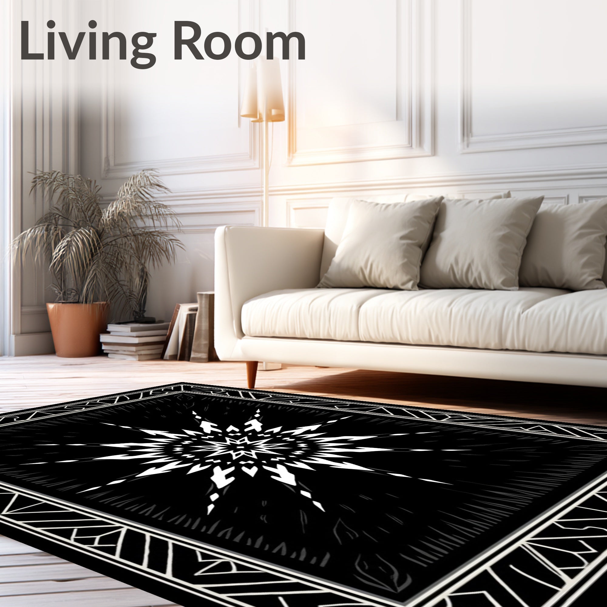 Black White Geometric Starburst Pattern Rug