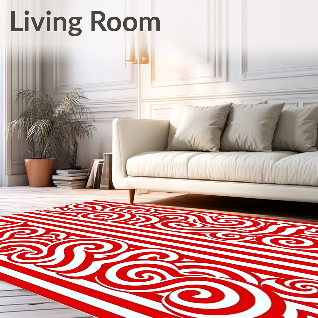 Red White Swirl Stripe Abstract Rug