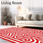 Red White Swirl Stripe Abstract Rug