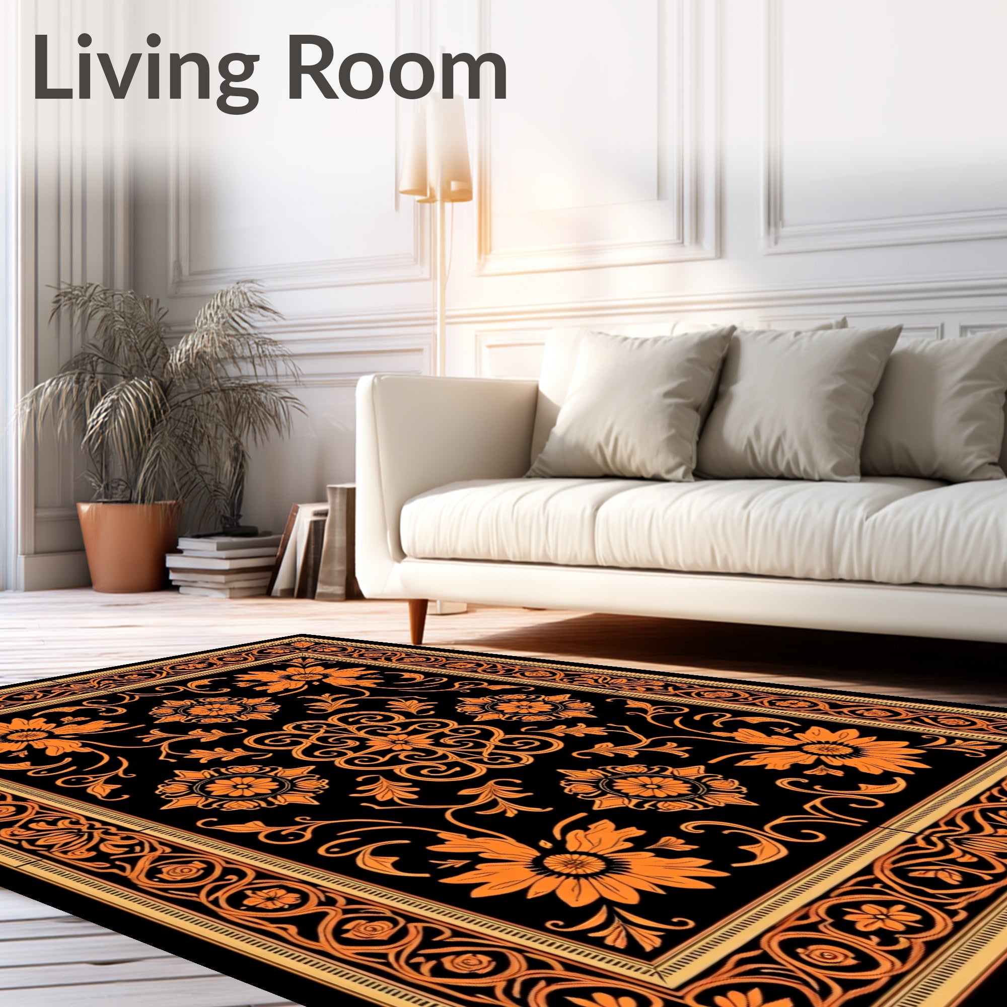 Orange Black Floral Medallion Scroll Rug