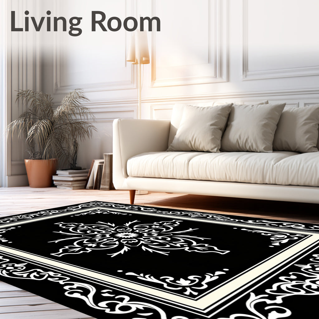 Classic Floral Inlay Black and Ivory Rug