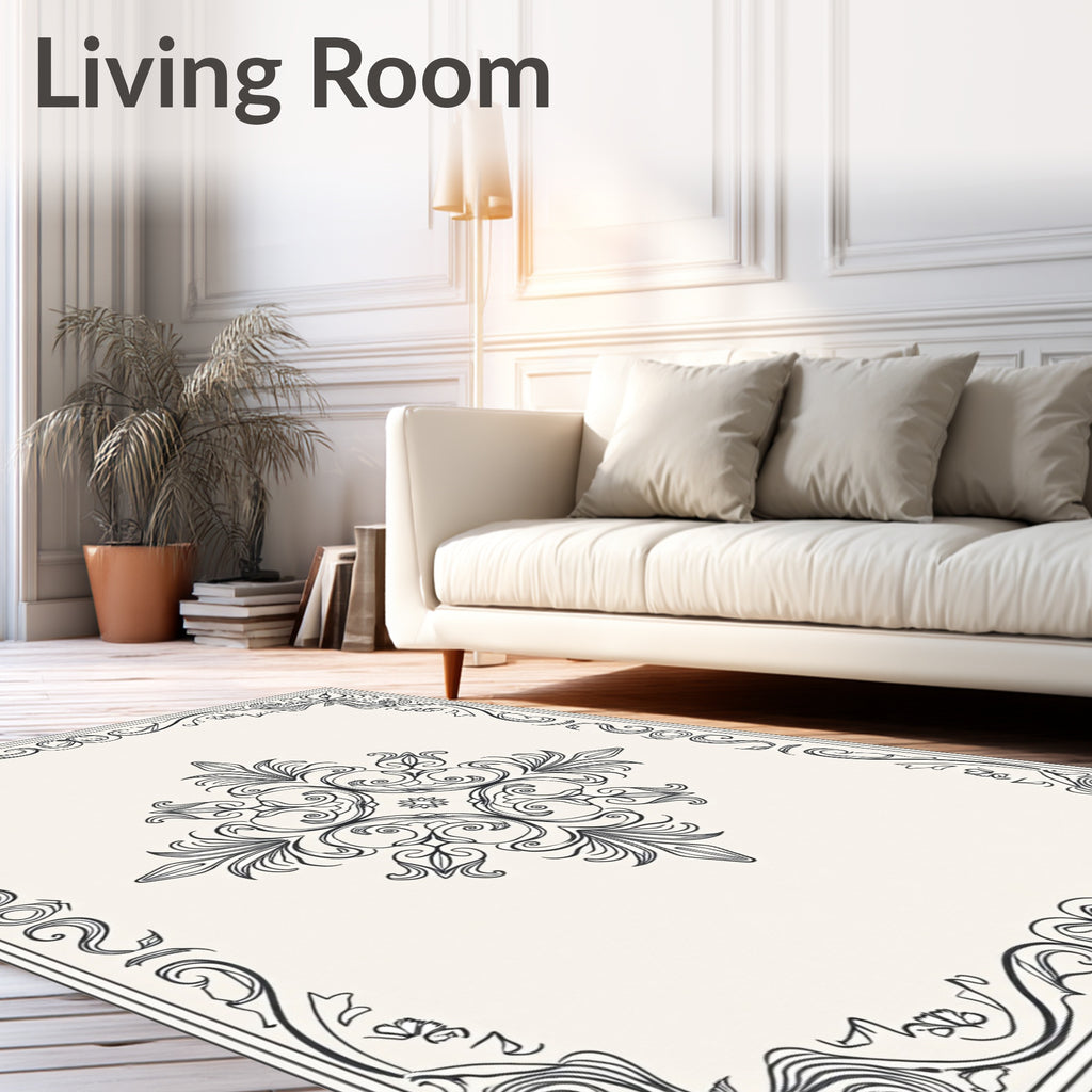 Elegant Black White Floral Scroll Rug