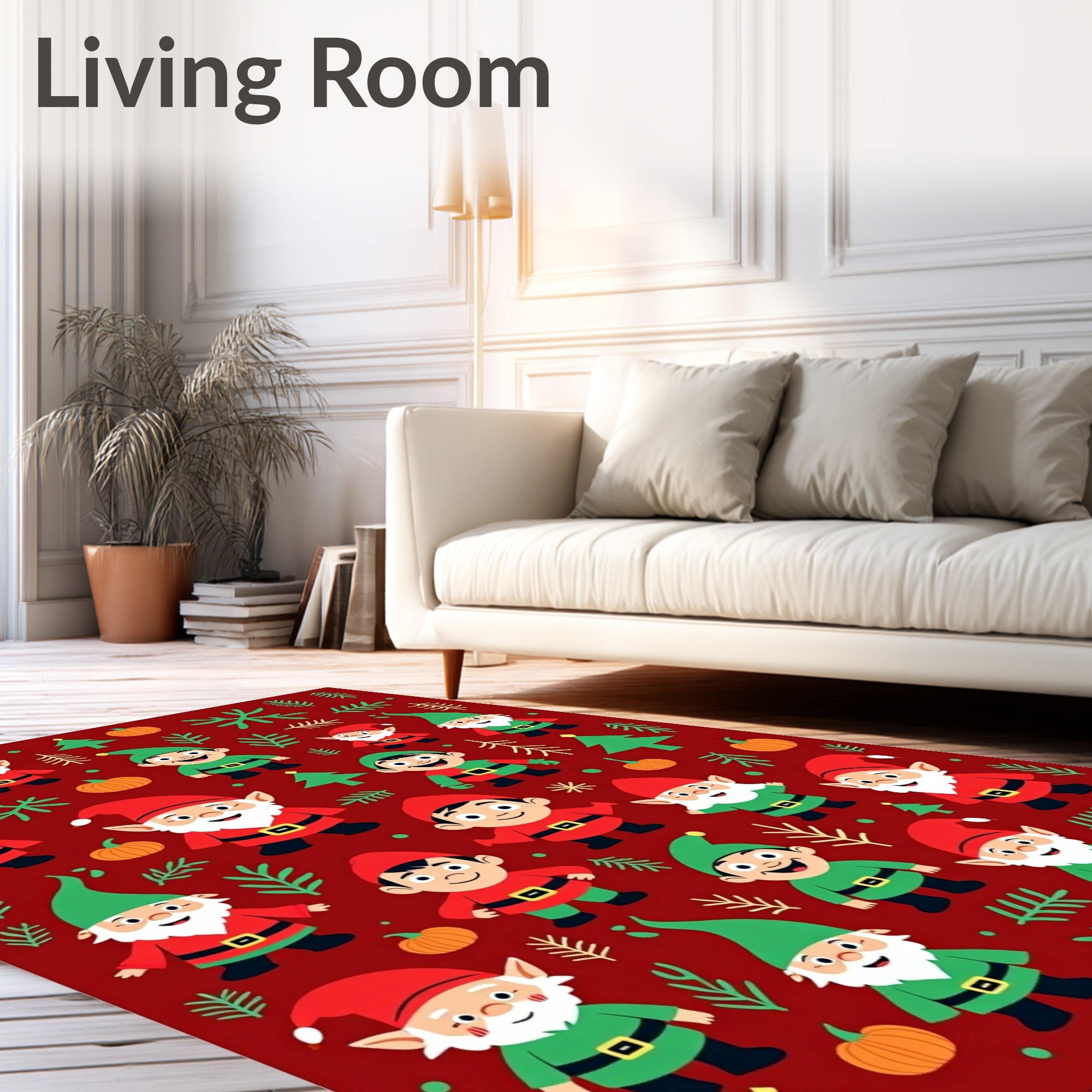 Festive Red Gnomes Christmas Trees Pumpkins Rug