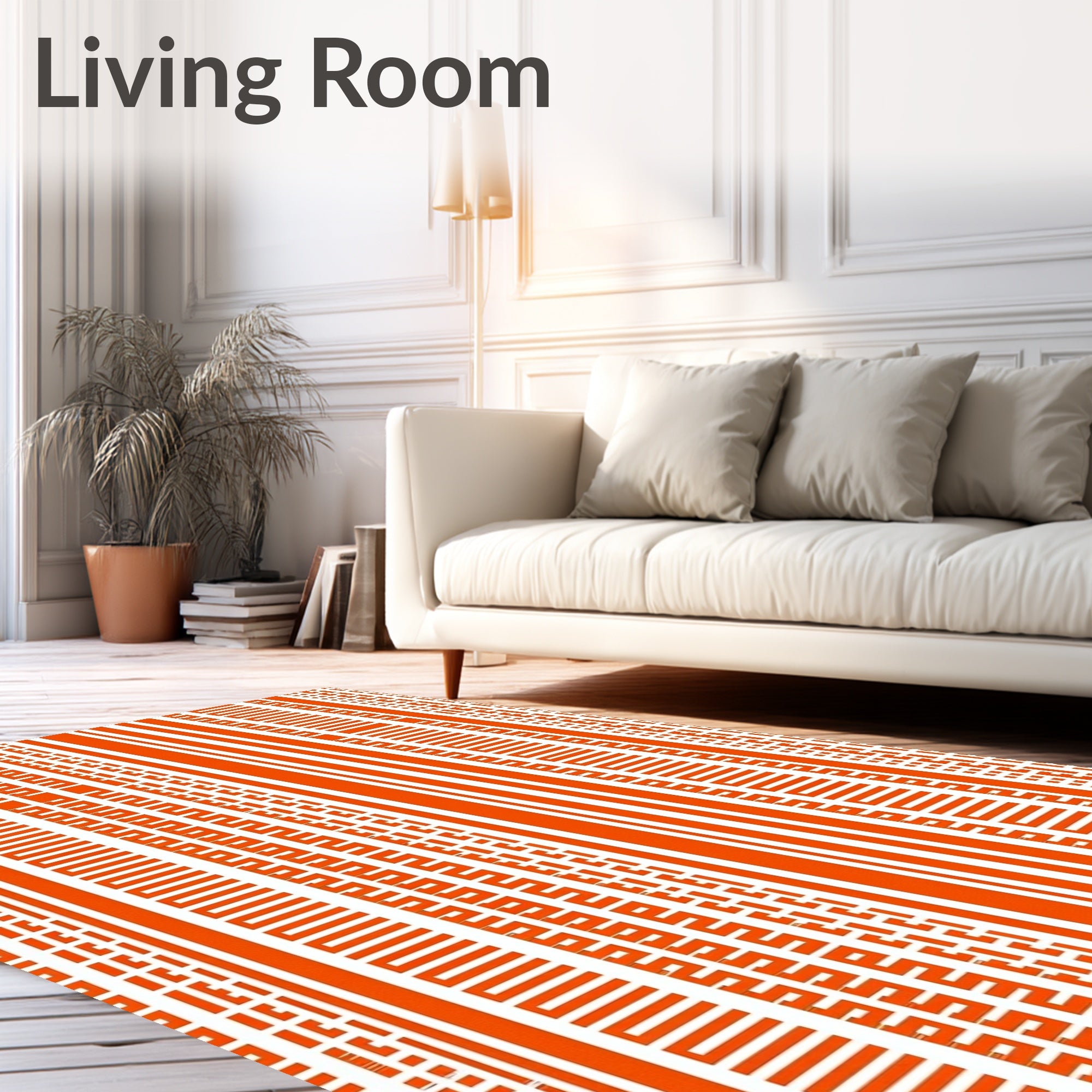 Orange White Striped Geometric Pattern Rug