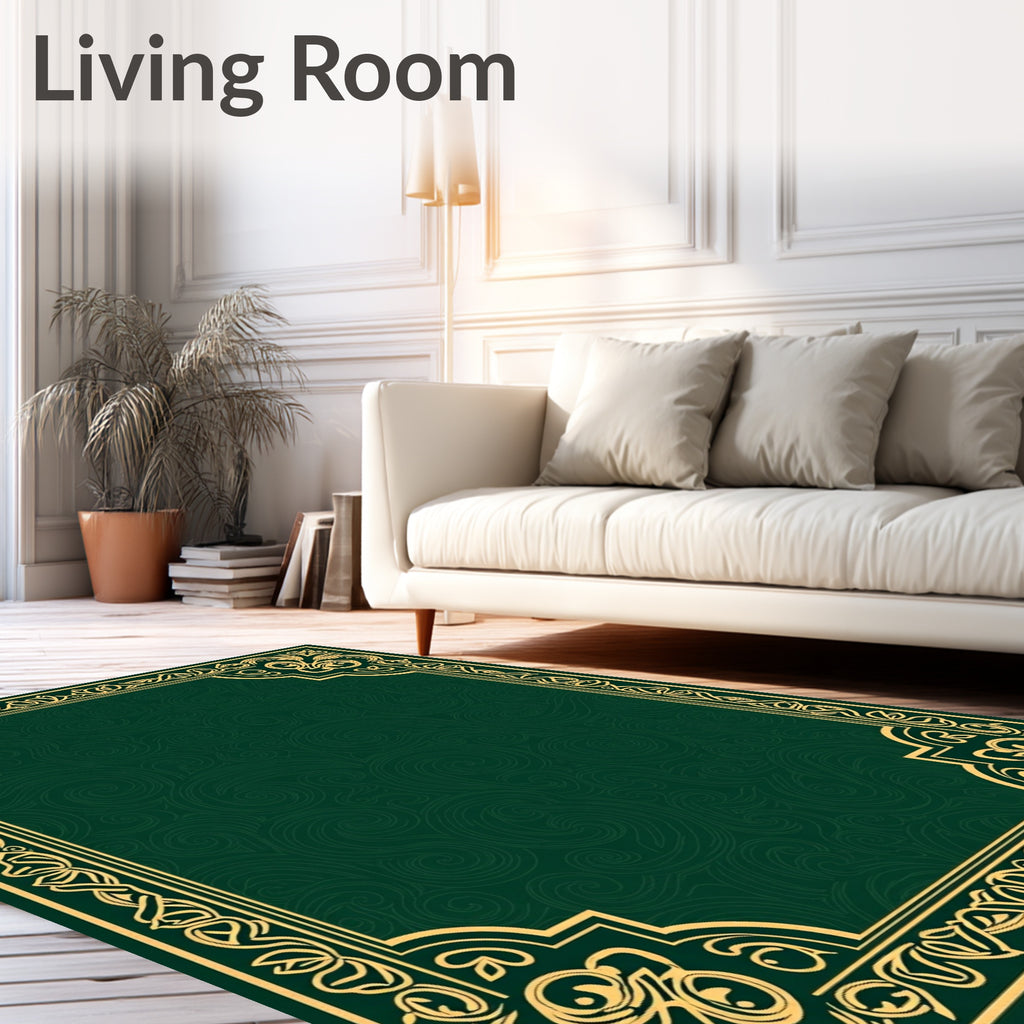 Emerald Green Golden Scrollwork Border Rug