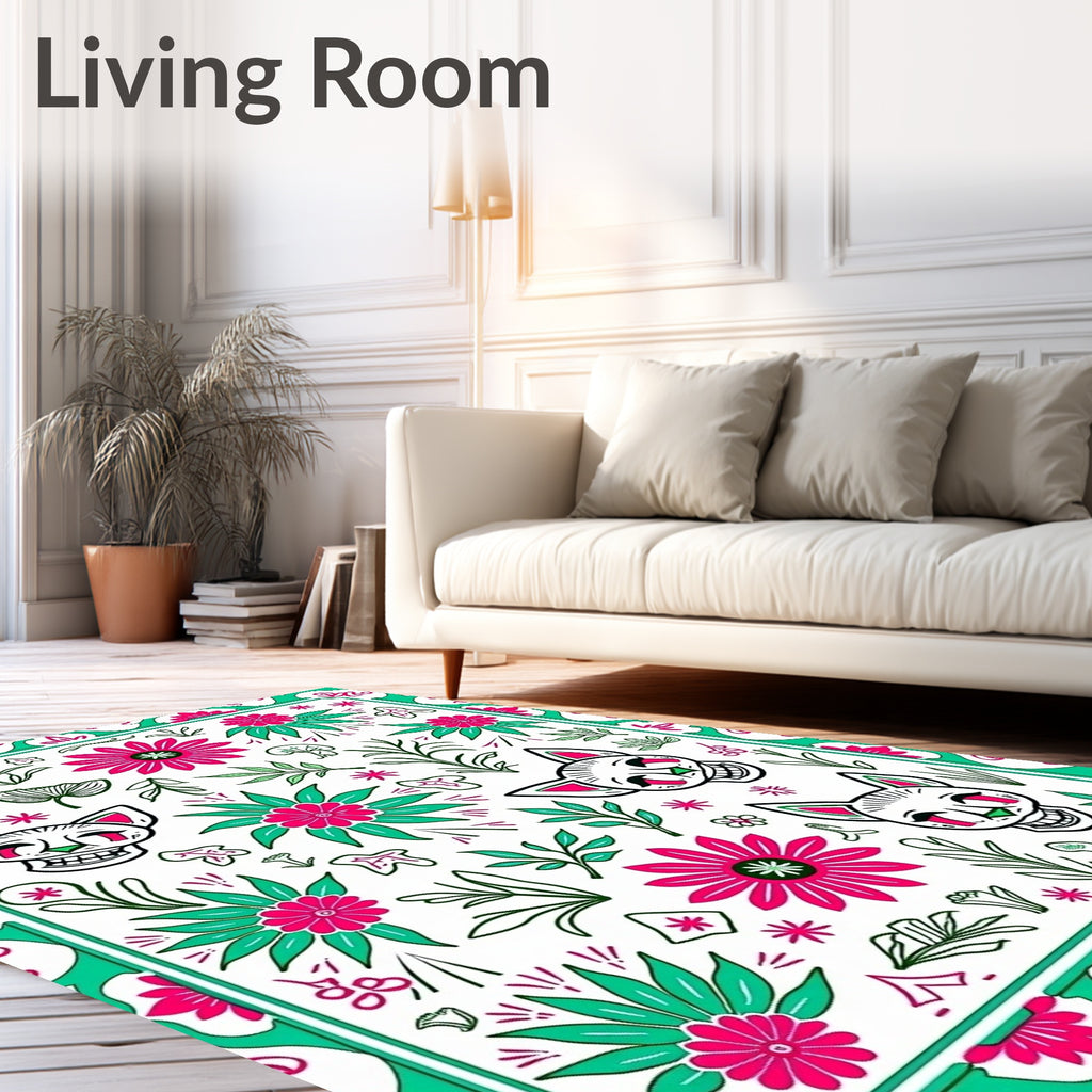 Whimsical Cat Skull Floral Pattern Rug