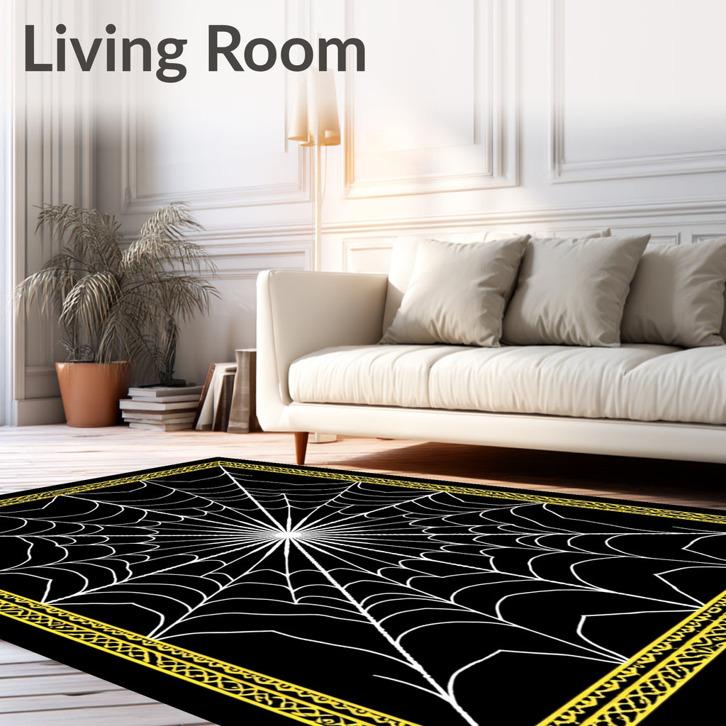 Black White Yellow Spiderweb Pattern Rug