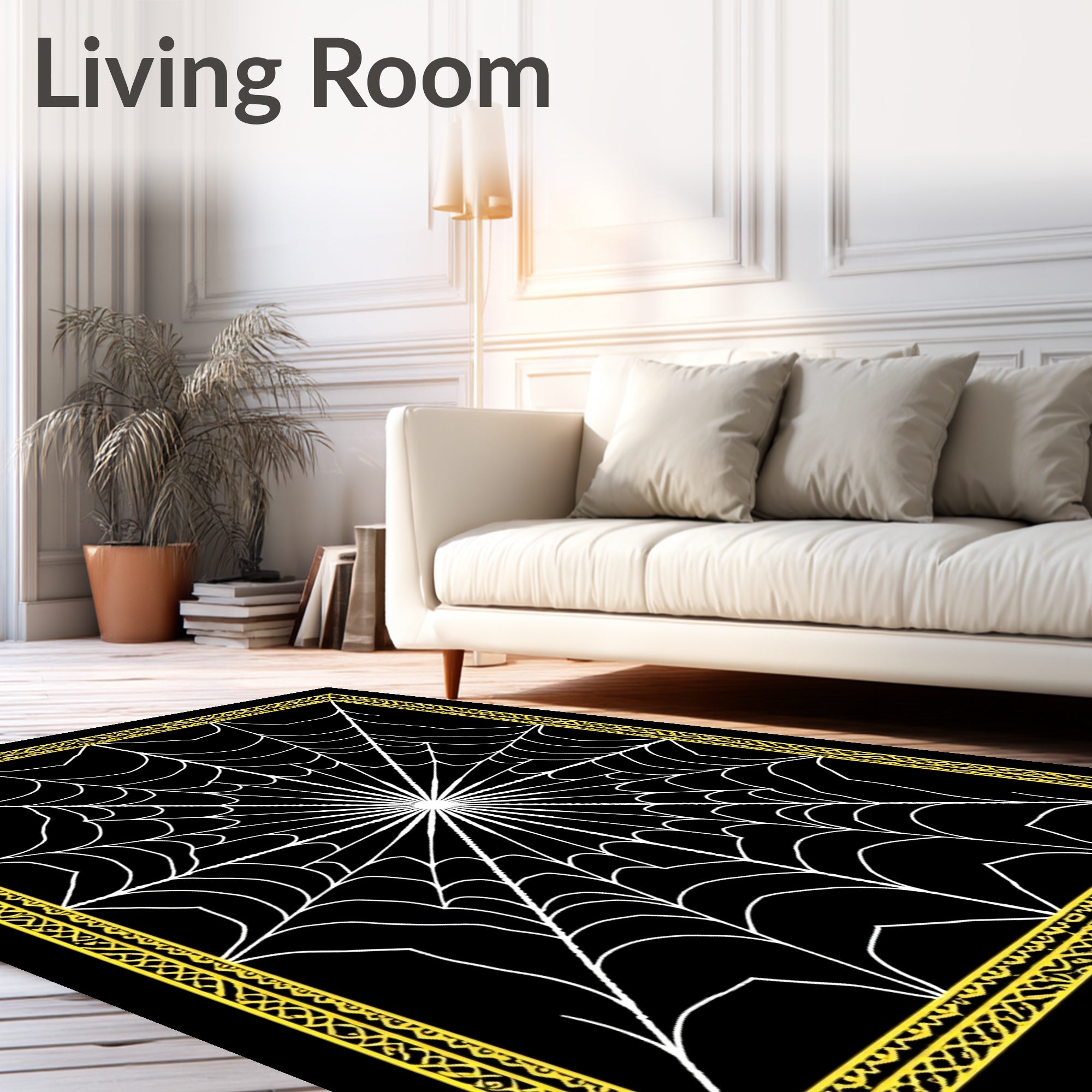 Black White Yellow Spiderweb Pattern Rug