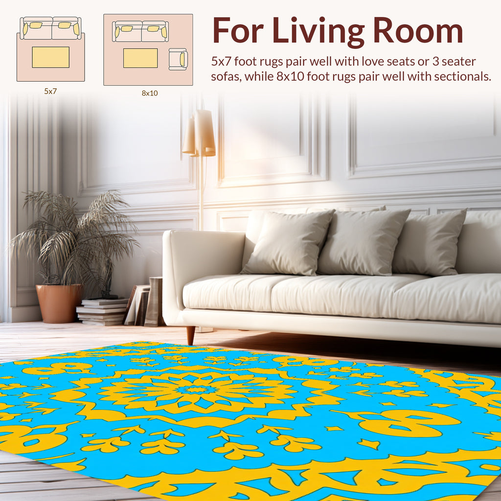Vibrant Blue Yellow Floral Mandala Rug