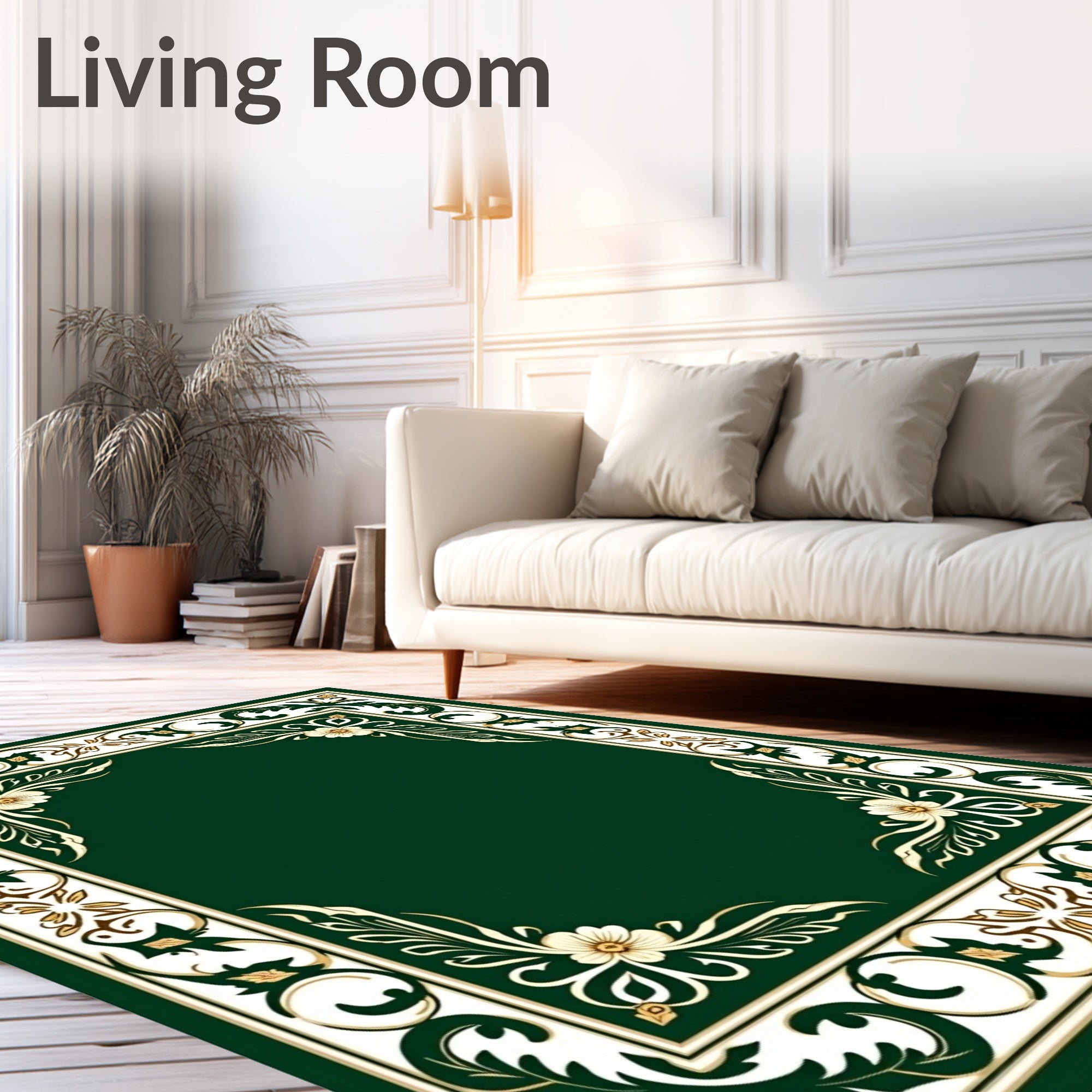 Green Floral Bordered Square Design Rug