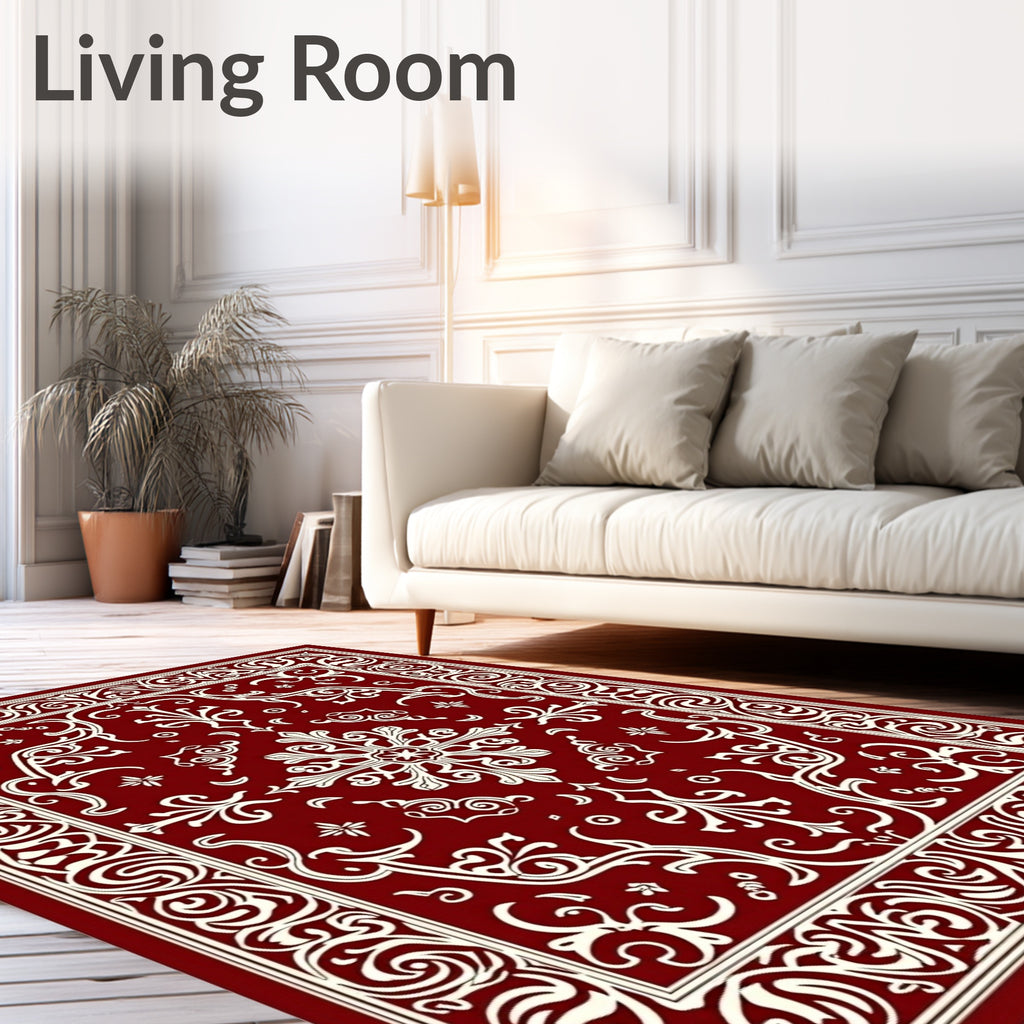 Ornate Red Cream Scroll Pattern Rug