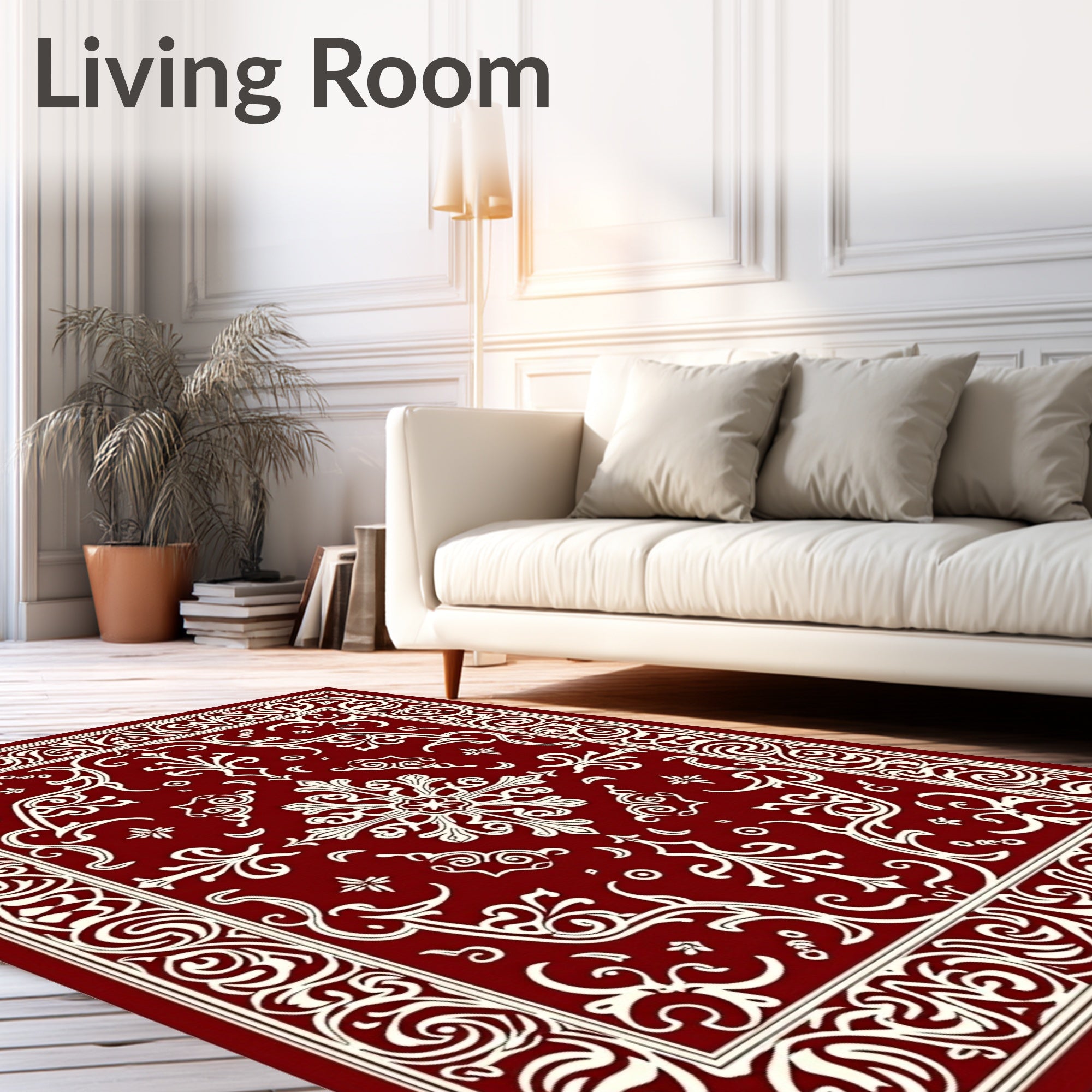 Ornate Red Cream Scroll Pattern Rug