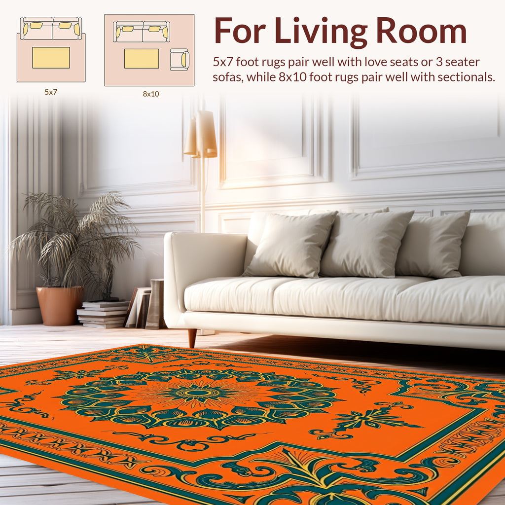 Bold Orange Teal Mandala Pattern Rug