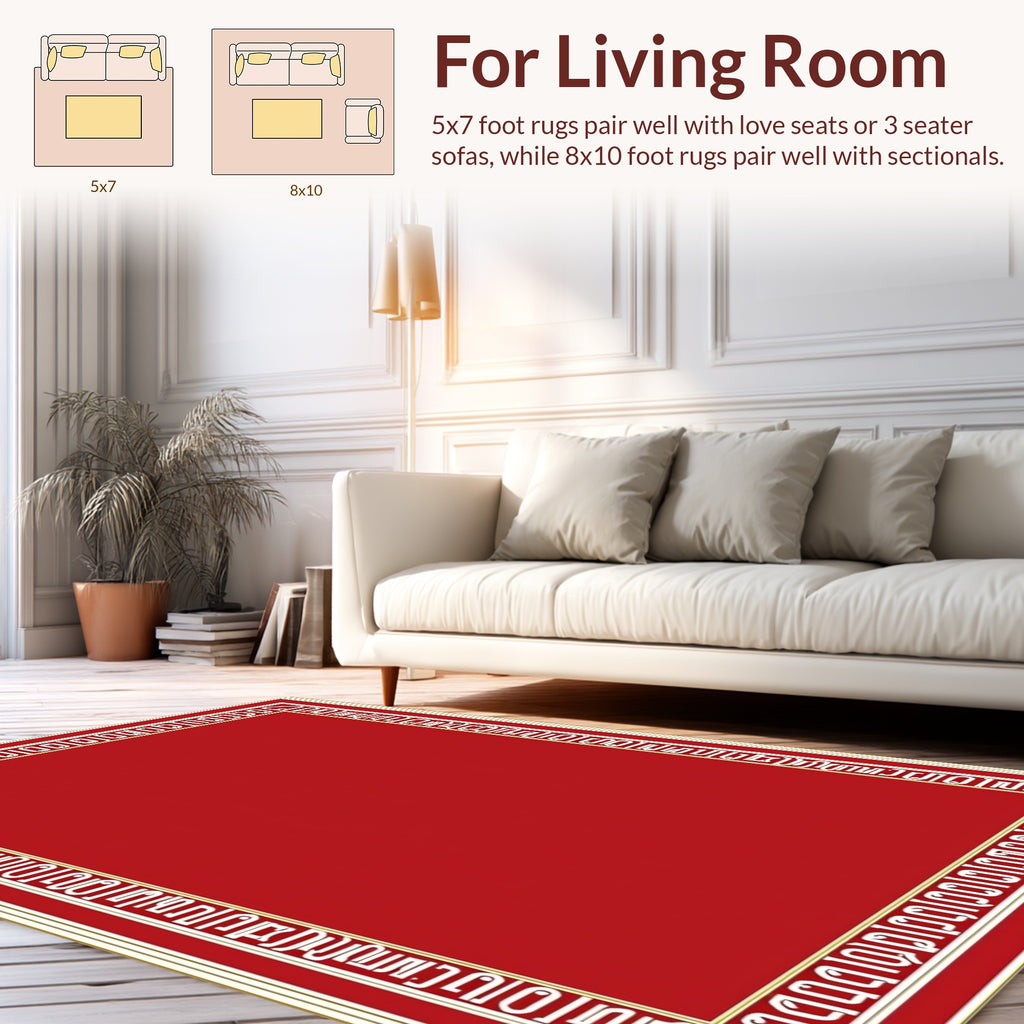 Bold Geometric Red Gold Border Rug