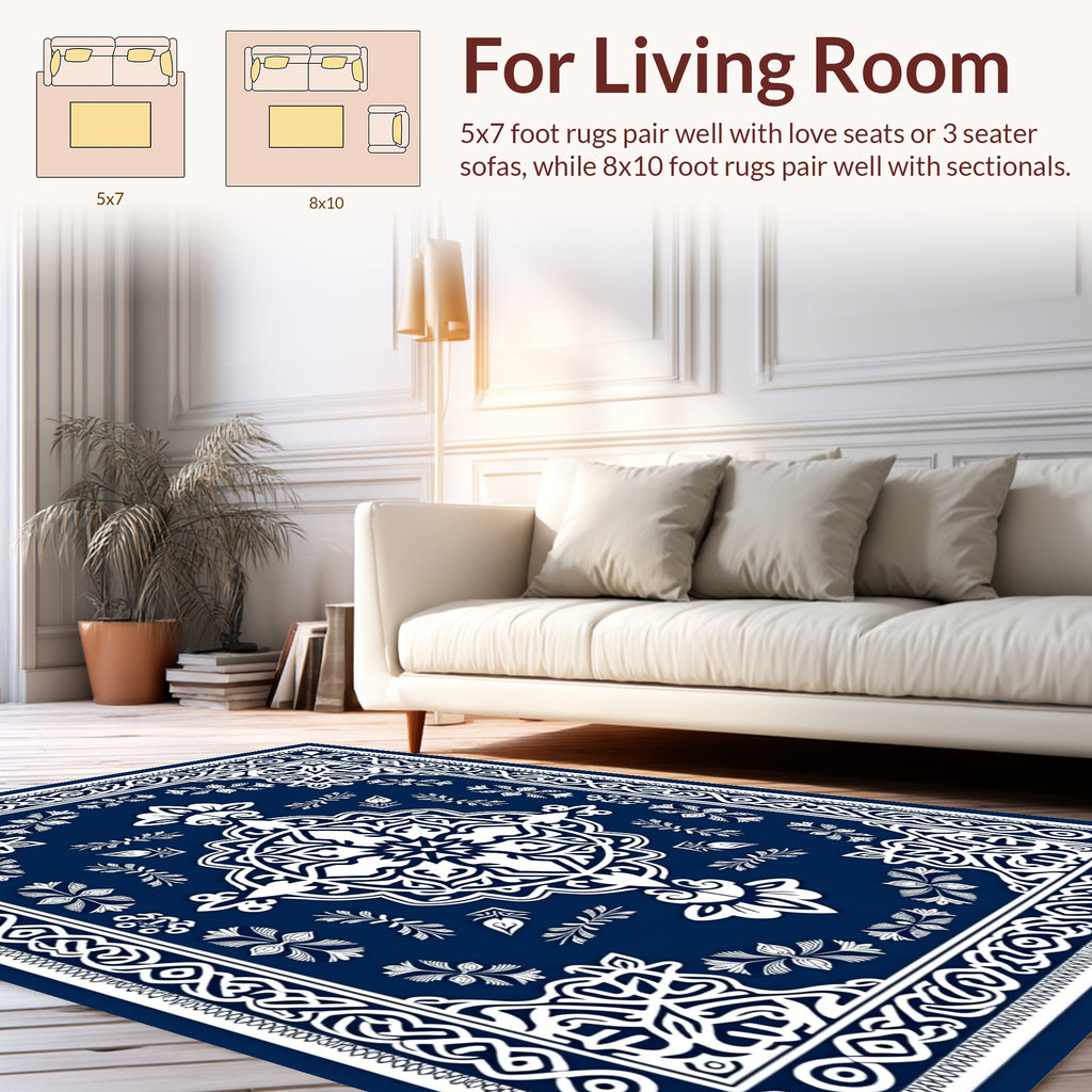 Ornate Blue White Floral Mandala Rug