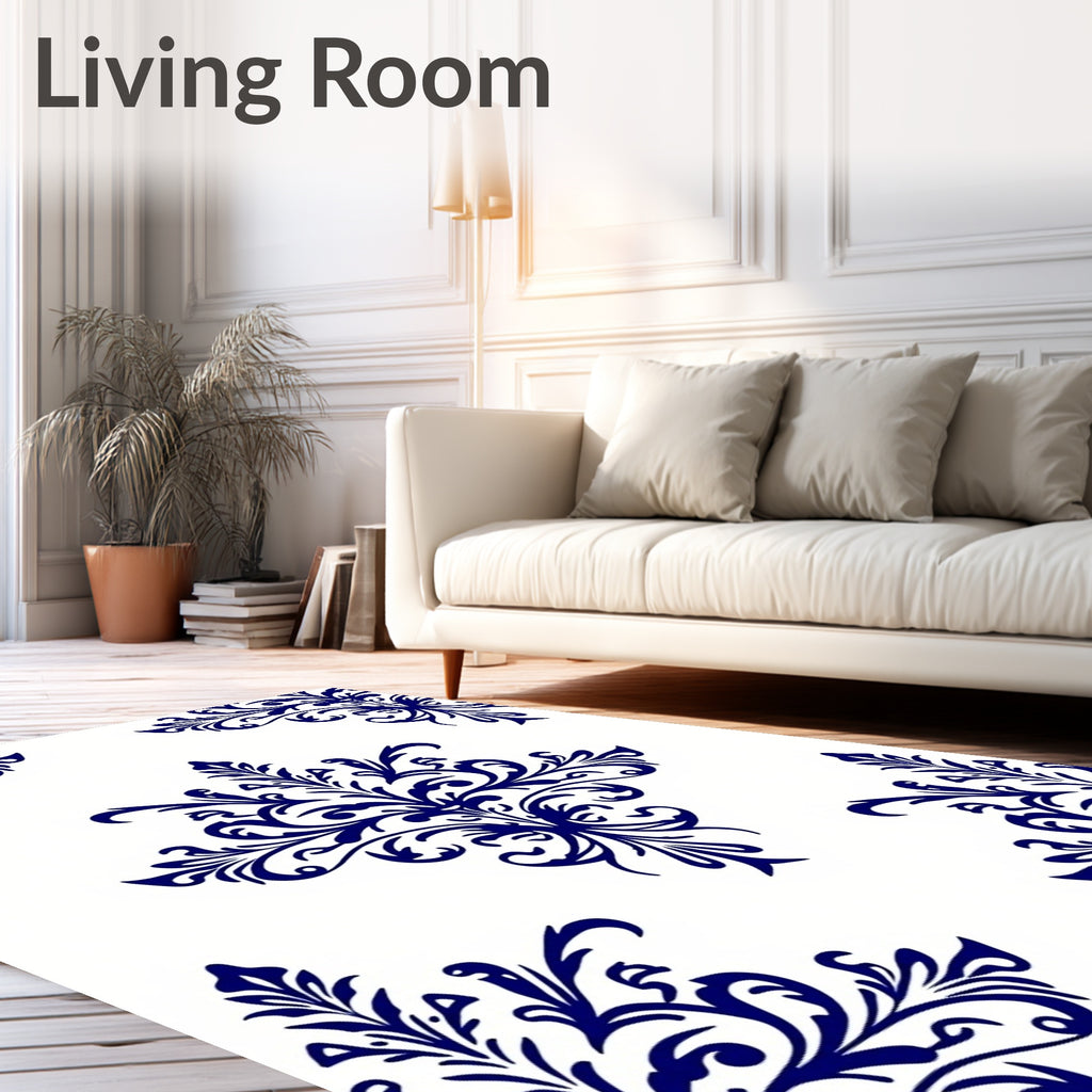 Elegant Blue Floral Damask Style Rug