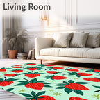 Red Strawberry Pattern With Green Leaves Rug