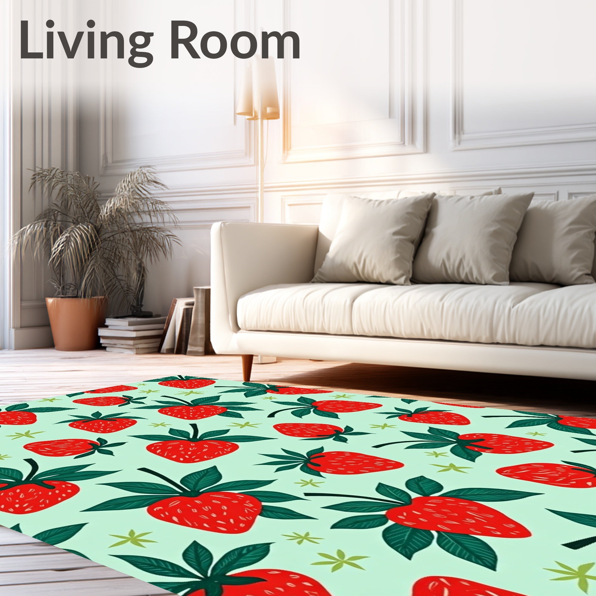 Red Strawberry Pattern With Green Leaves Rug