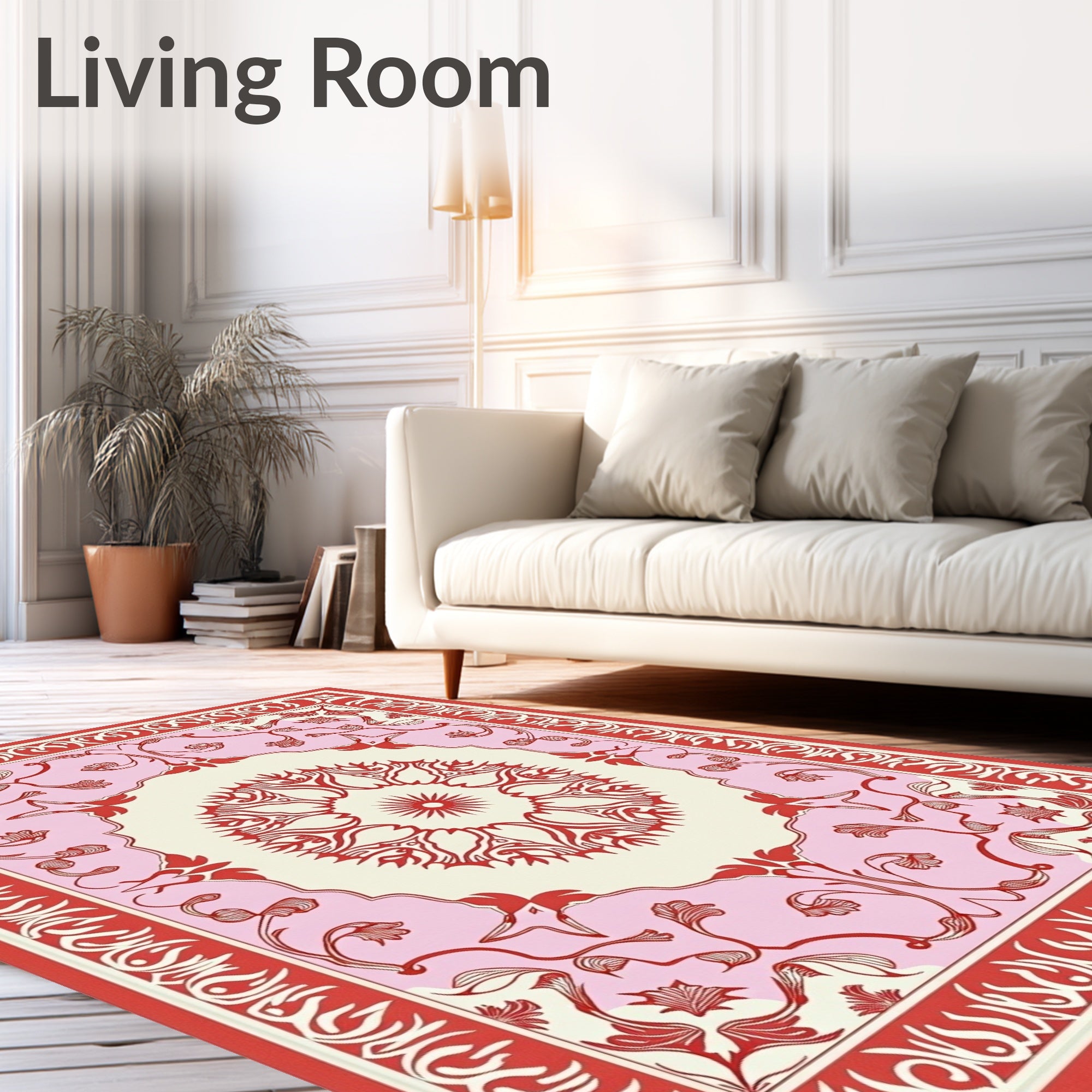 Floral Medallion Red Pink Border Design Rug