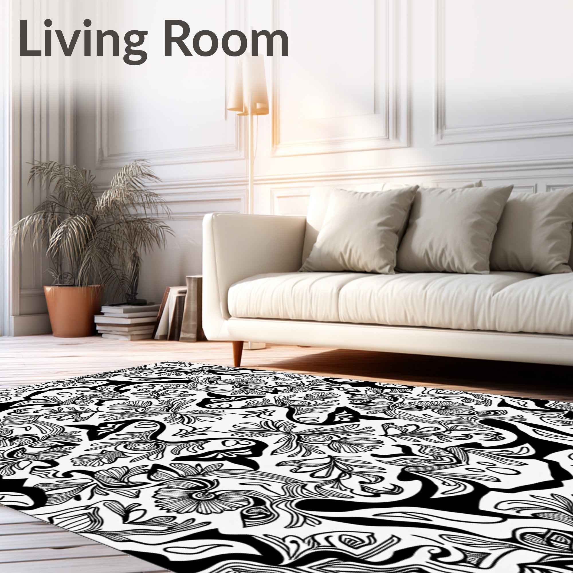 Intricate Floral Pattern Black White Design Rug