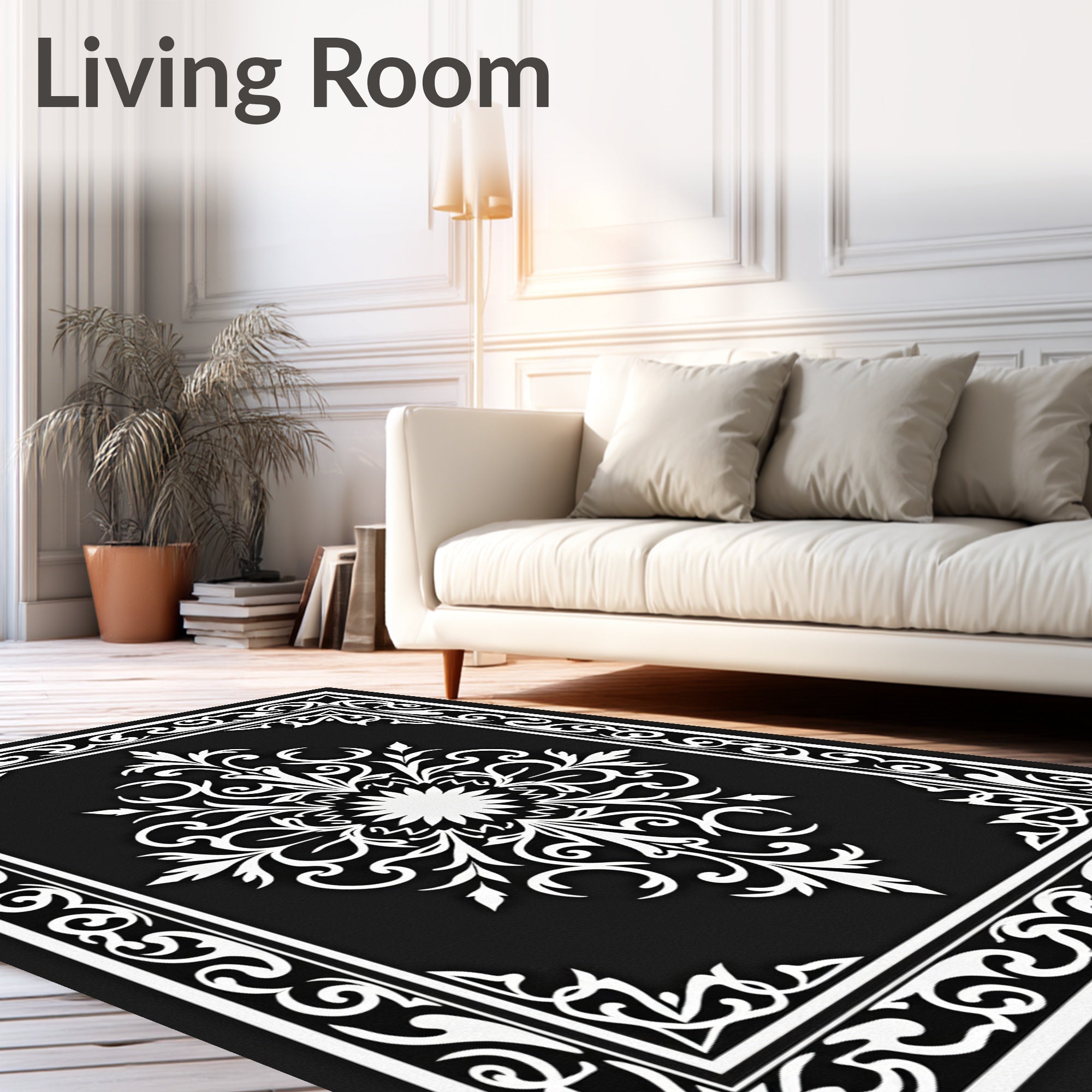 Black White Elaborate Floral Medallion Rug