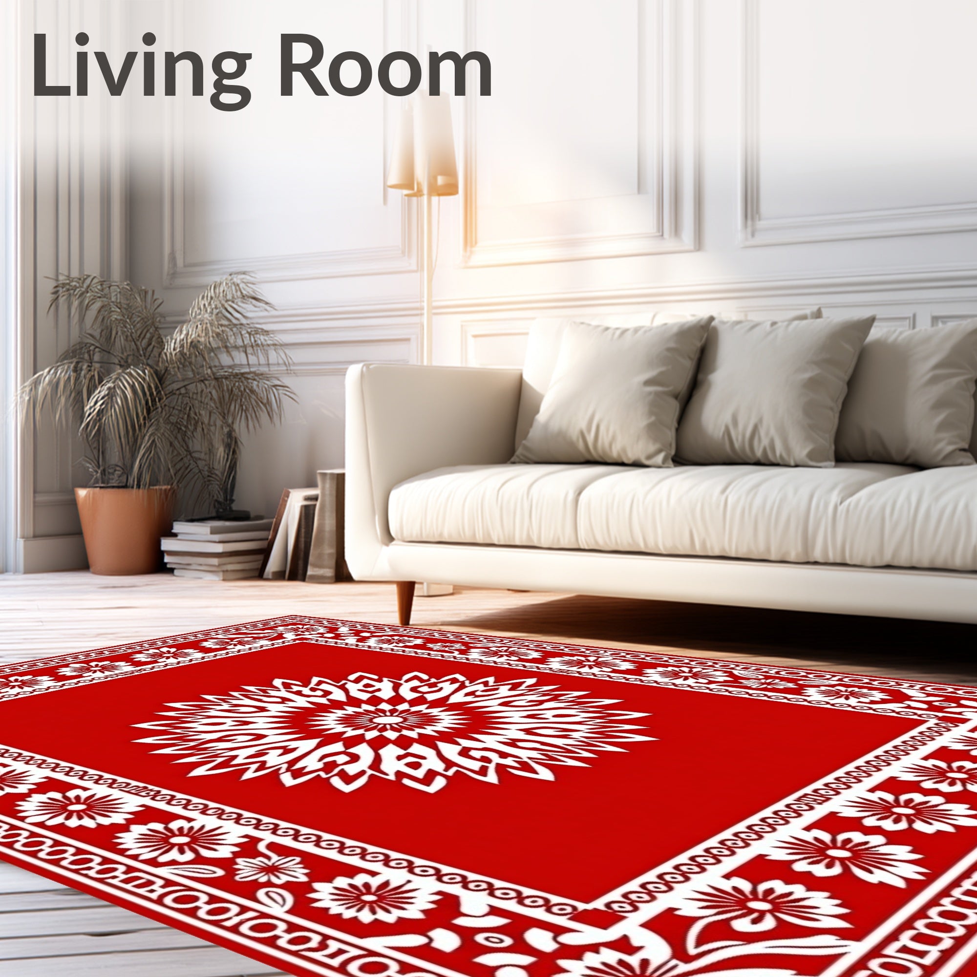 Red With White Mandala Floral Border Rug