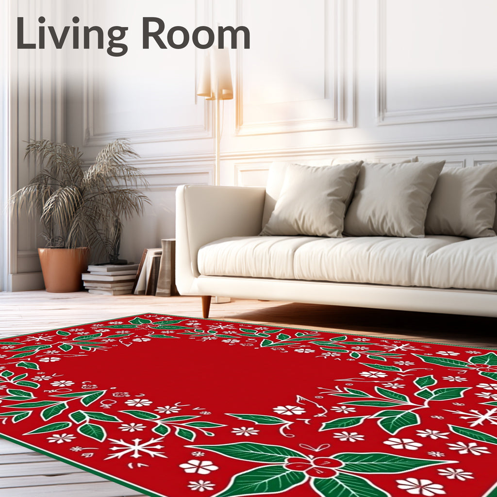 Festive Holly Snowflake Border Design Rug