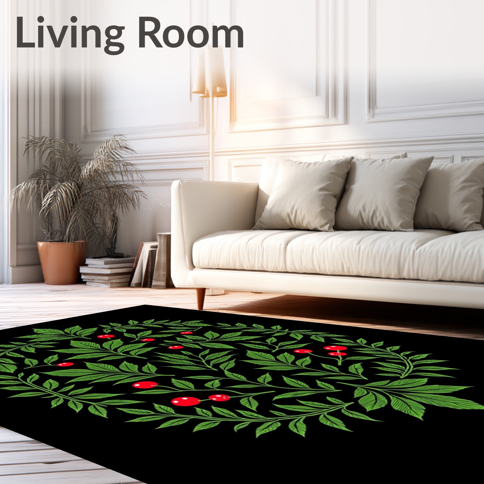 Green Leaf Red Berry Oval Arrangement Rug