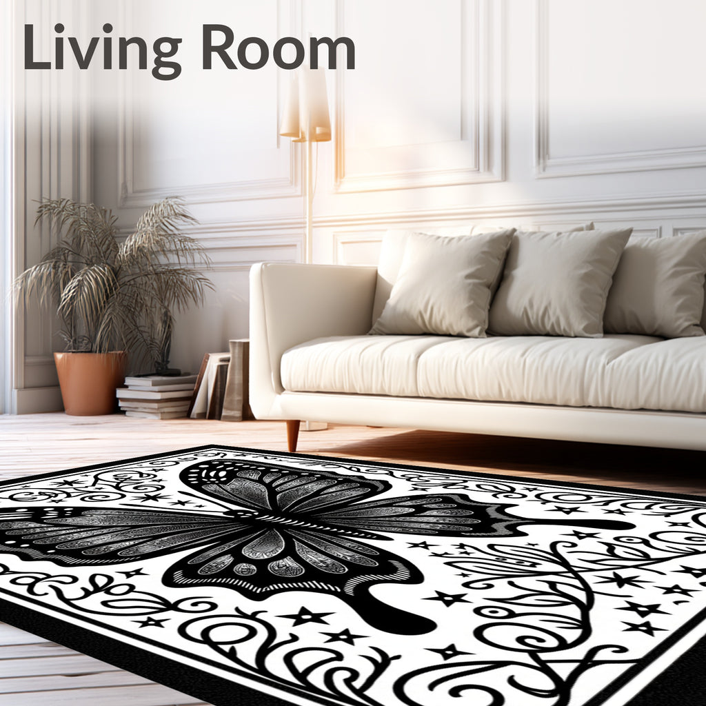 Intricate Black Butterfly Floral Art Rug