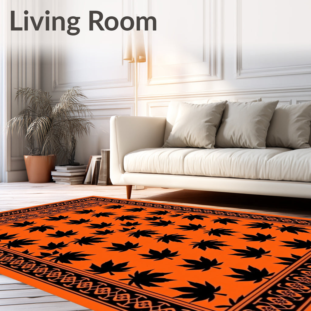 Orange Black Leaf Pattern Border Rug