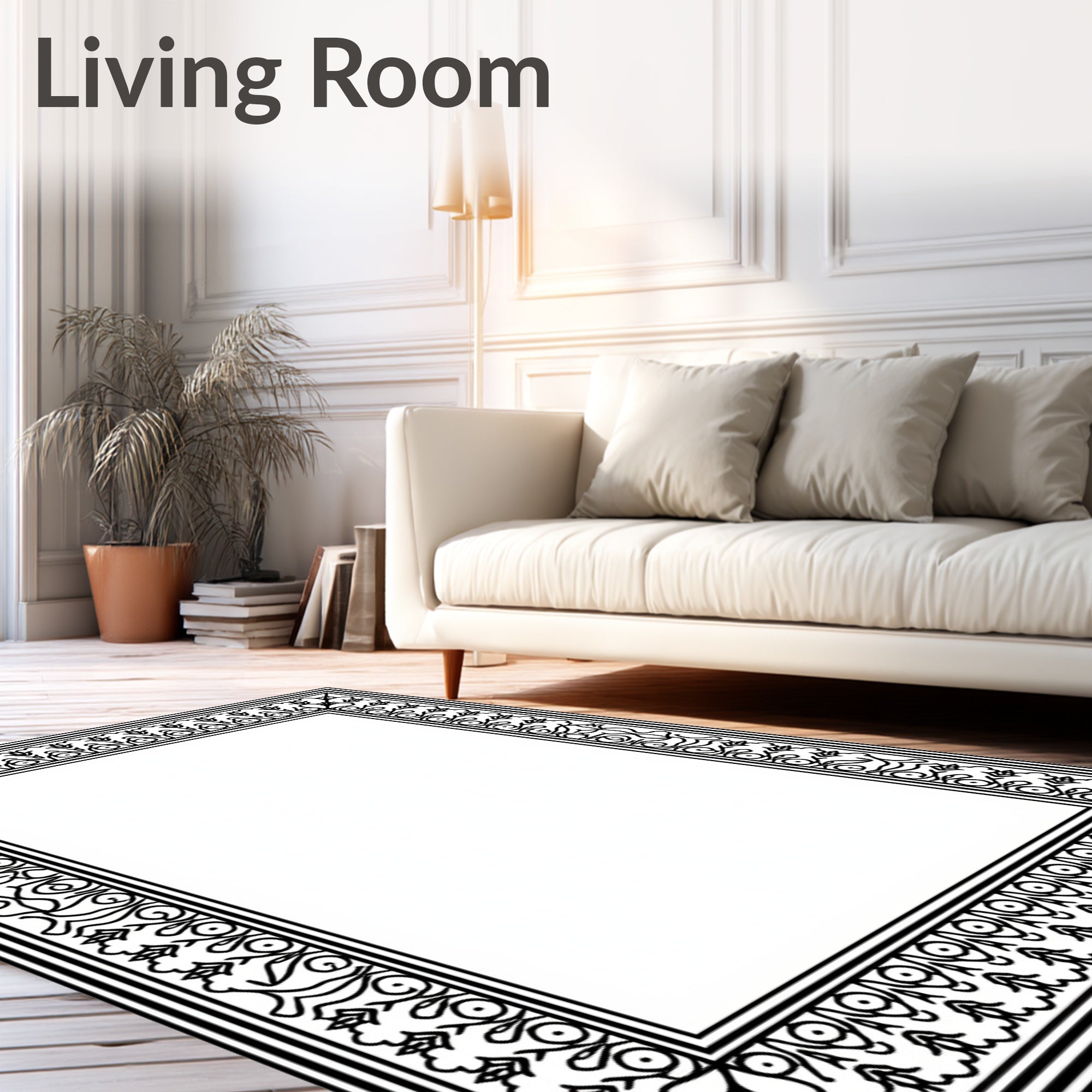 Intricate Black White Floral Border Rug