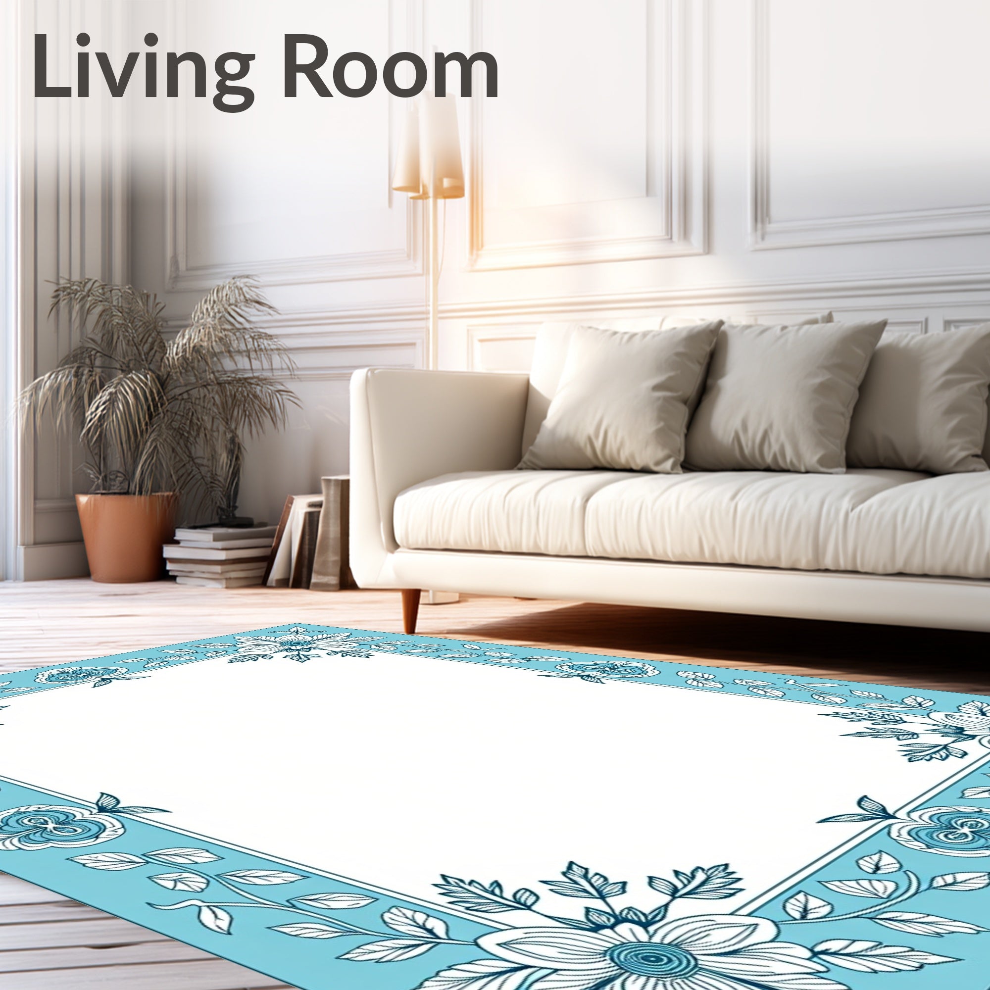 Blue Floral Vine Elegant Frame Rug