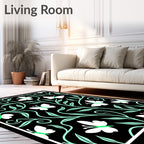 Black White Mint Butterfly Floral Pattern Rug