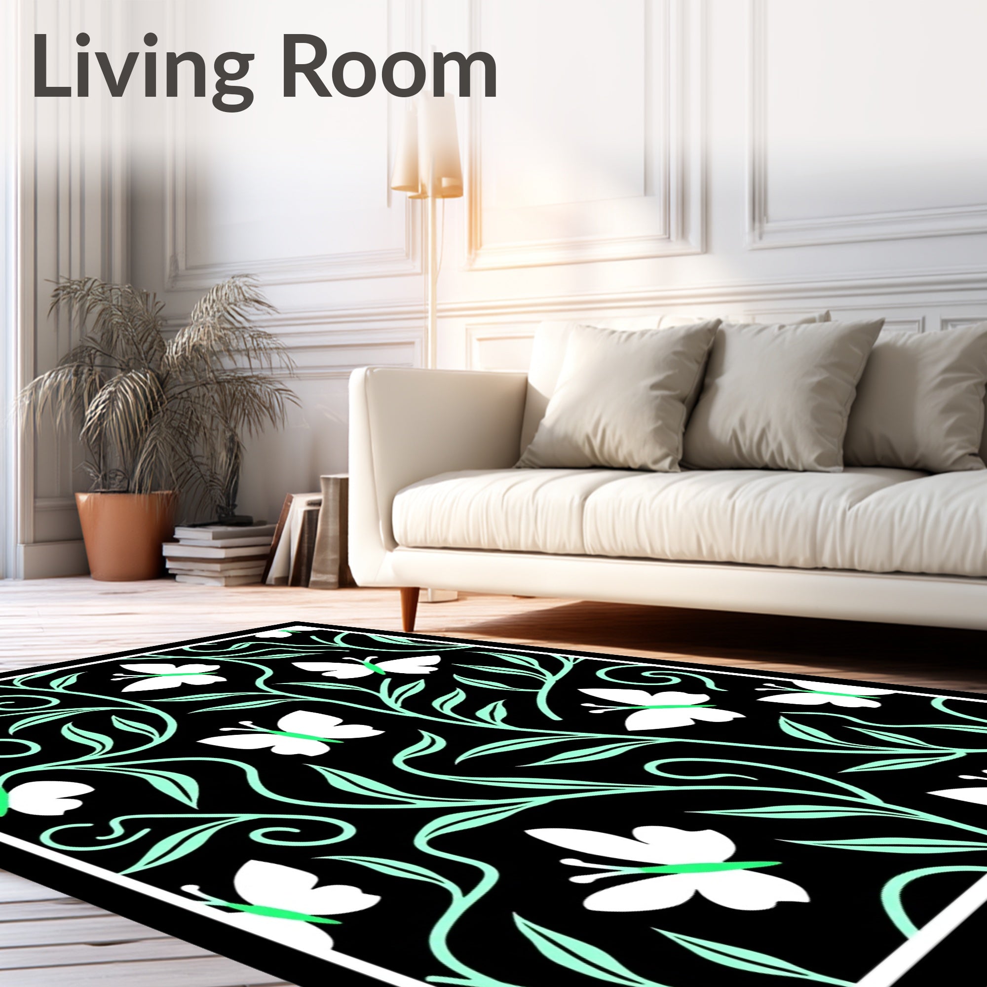Black White Mint Butterfly Floral Pattern Rug
