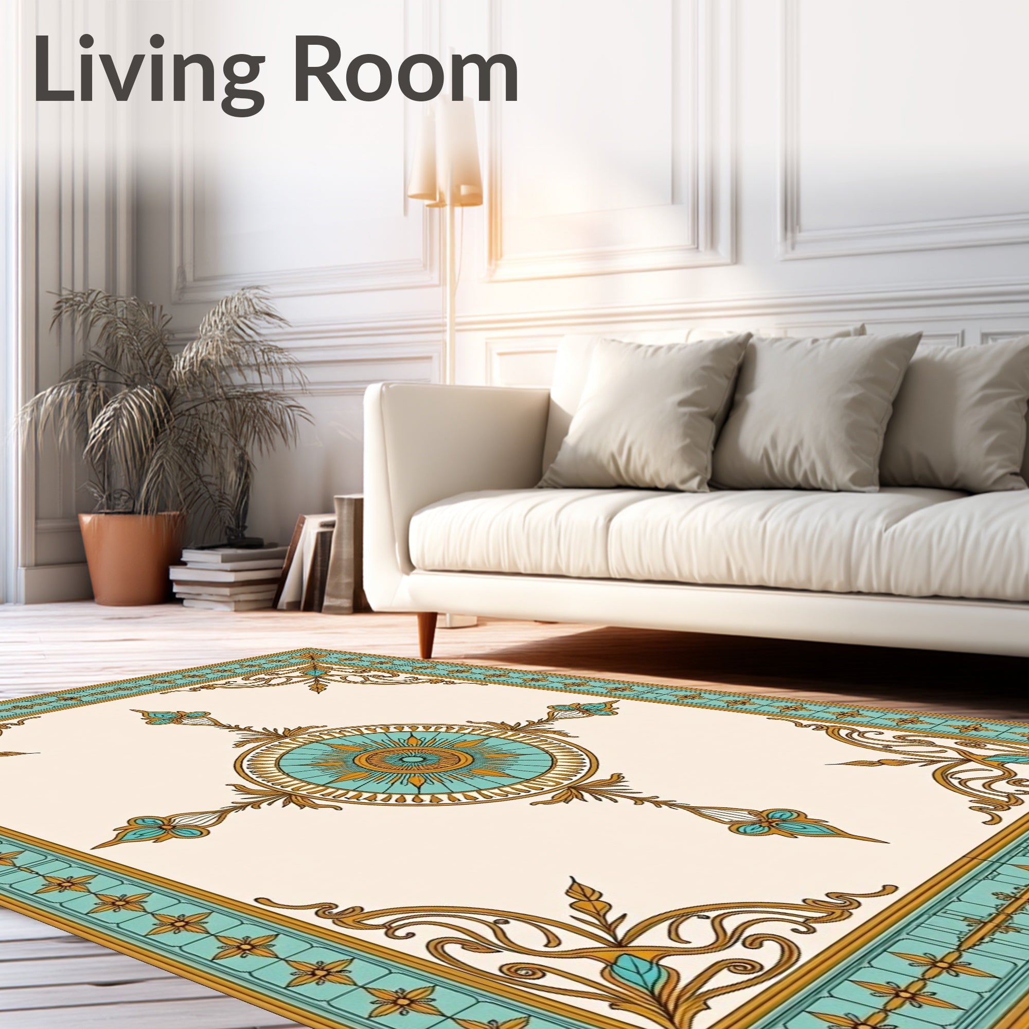 Ornate Teal Gold Floral Medallion Rug