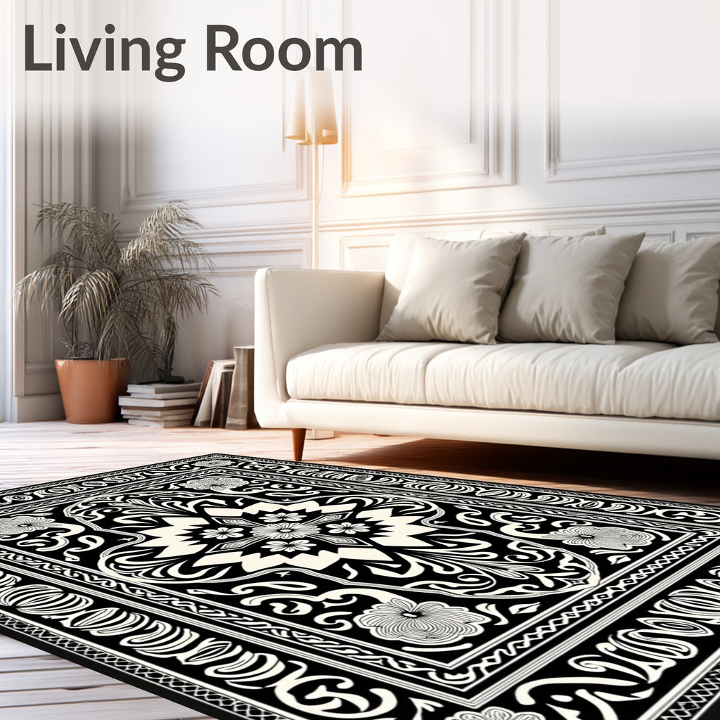 Elegant Black Floral Scrollwork Design Rug