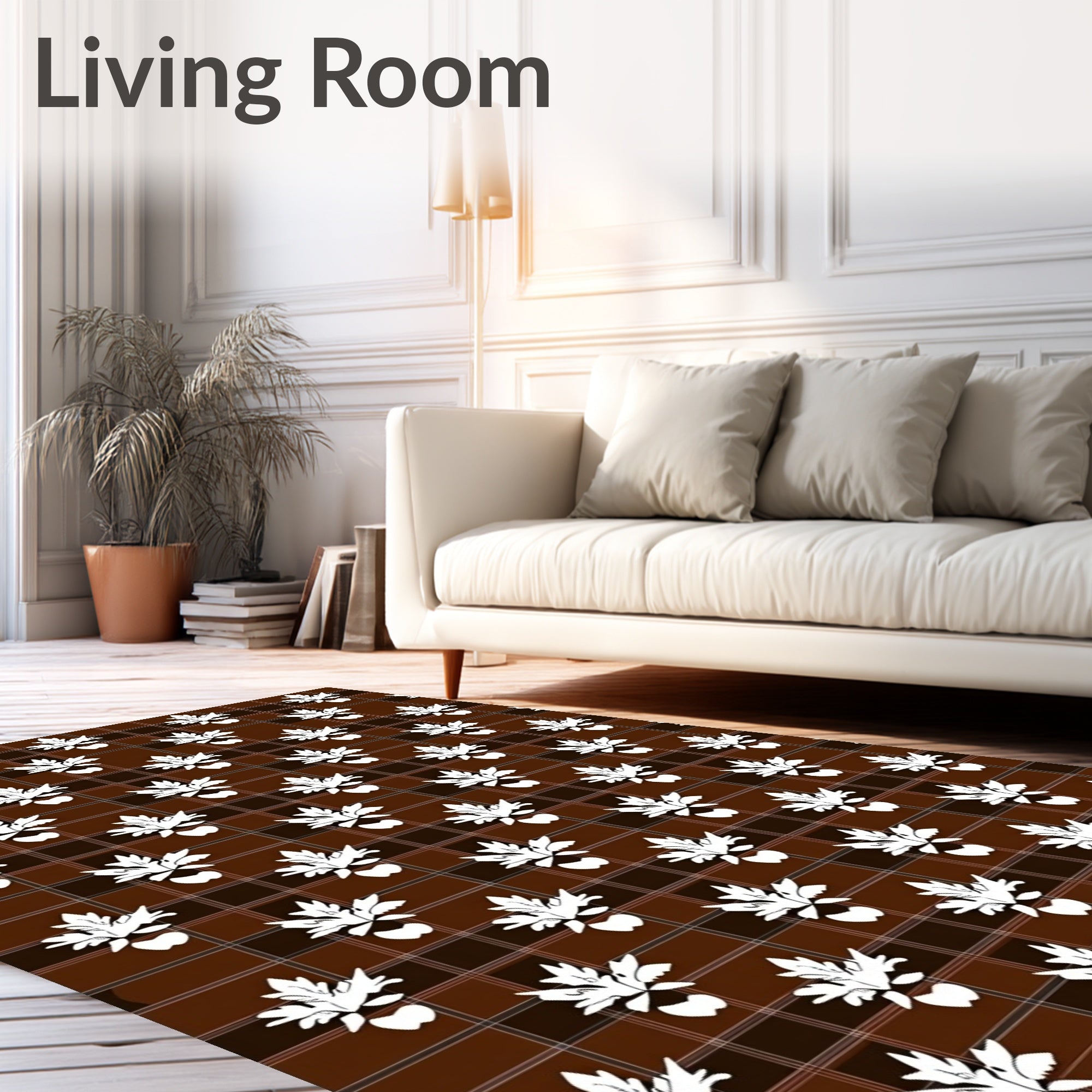 Brown Plaid 3D Leaf Pattern Rug