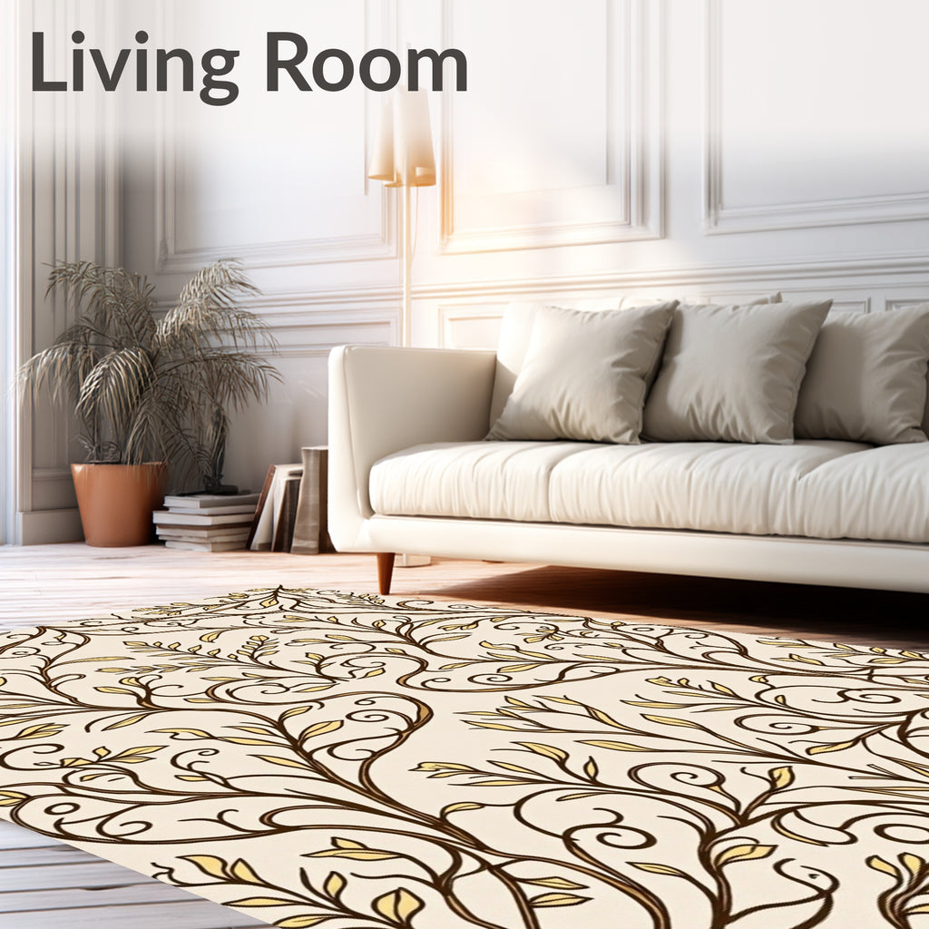 Ornate Cream and Gold Vine Pattern Rug
