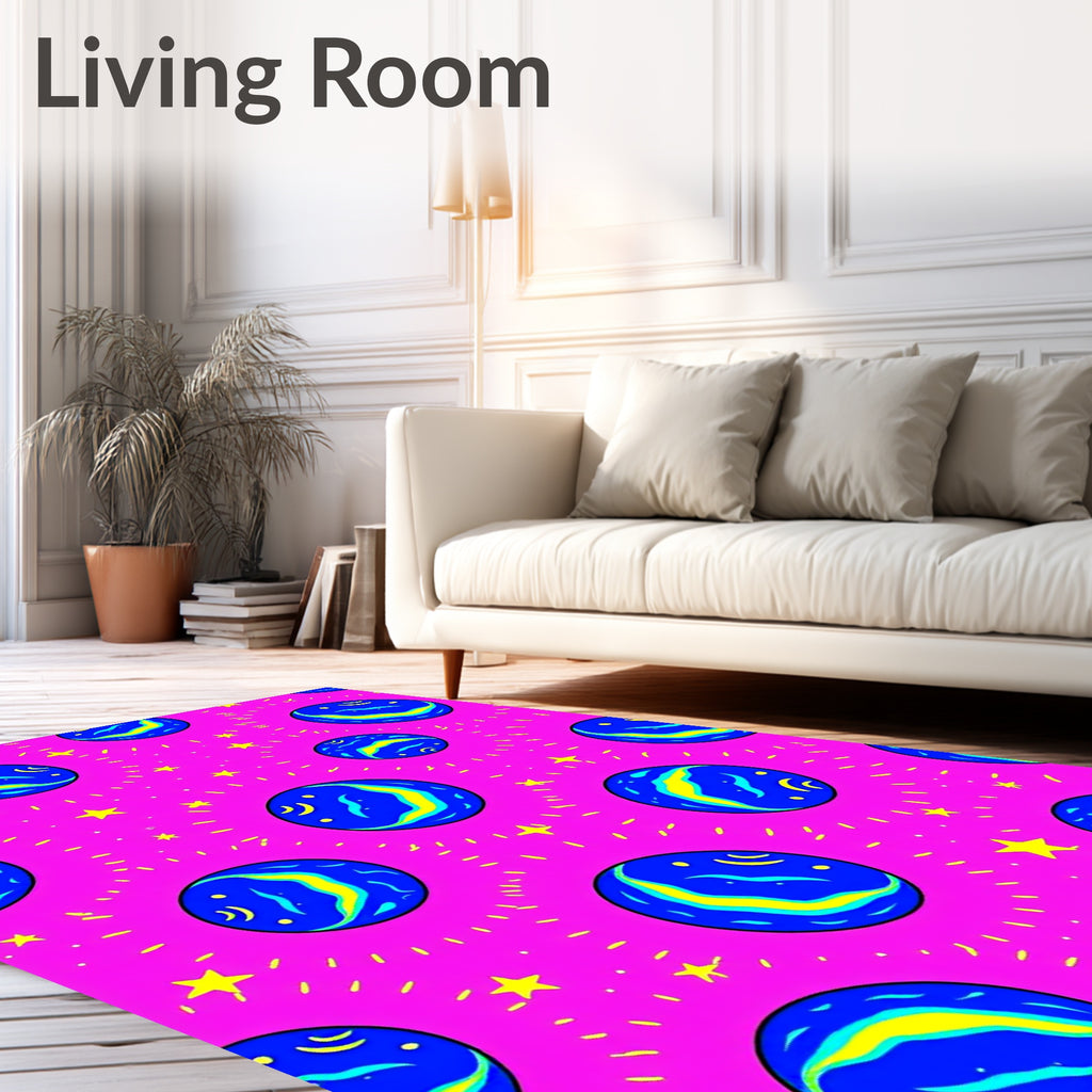 Vibrant Blue Planet Stars Pink Background Rug