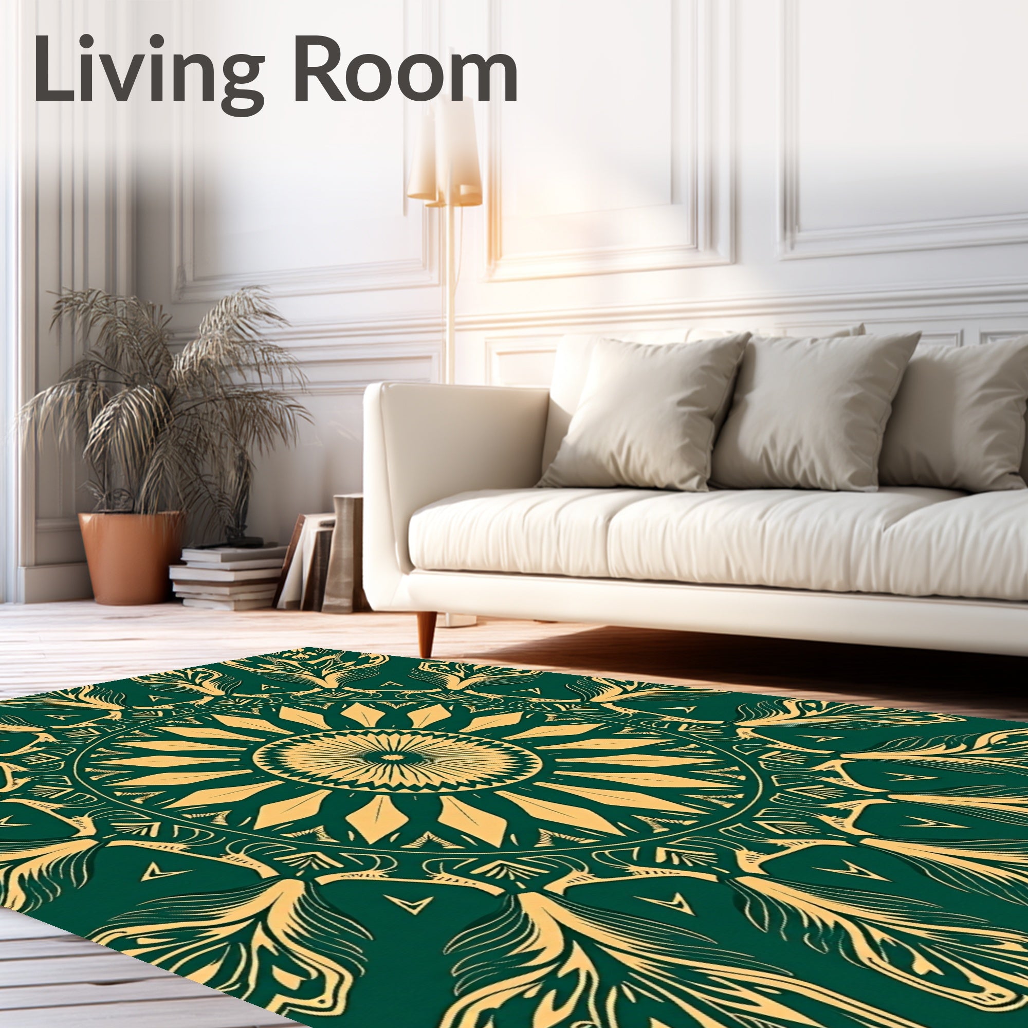 Intricate Green Gold Mandala Design Rug